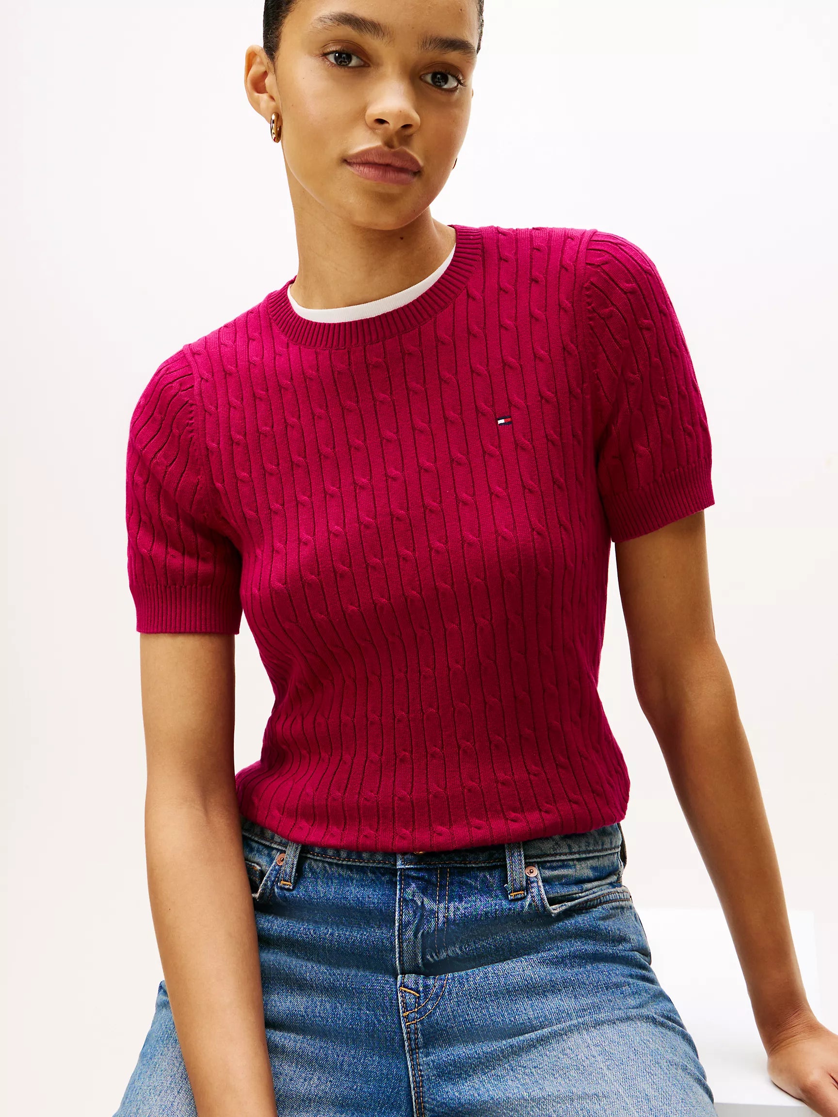 Tommy Womens' Short-Sleeve Cable Knit Sweater