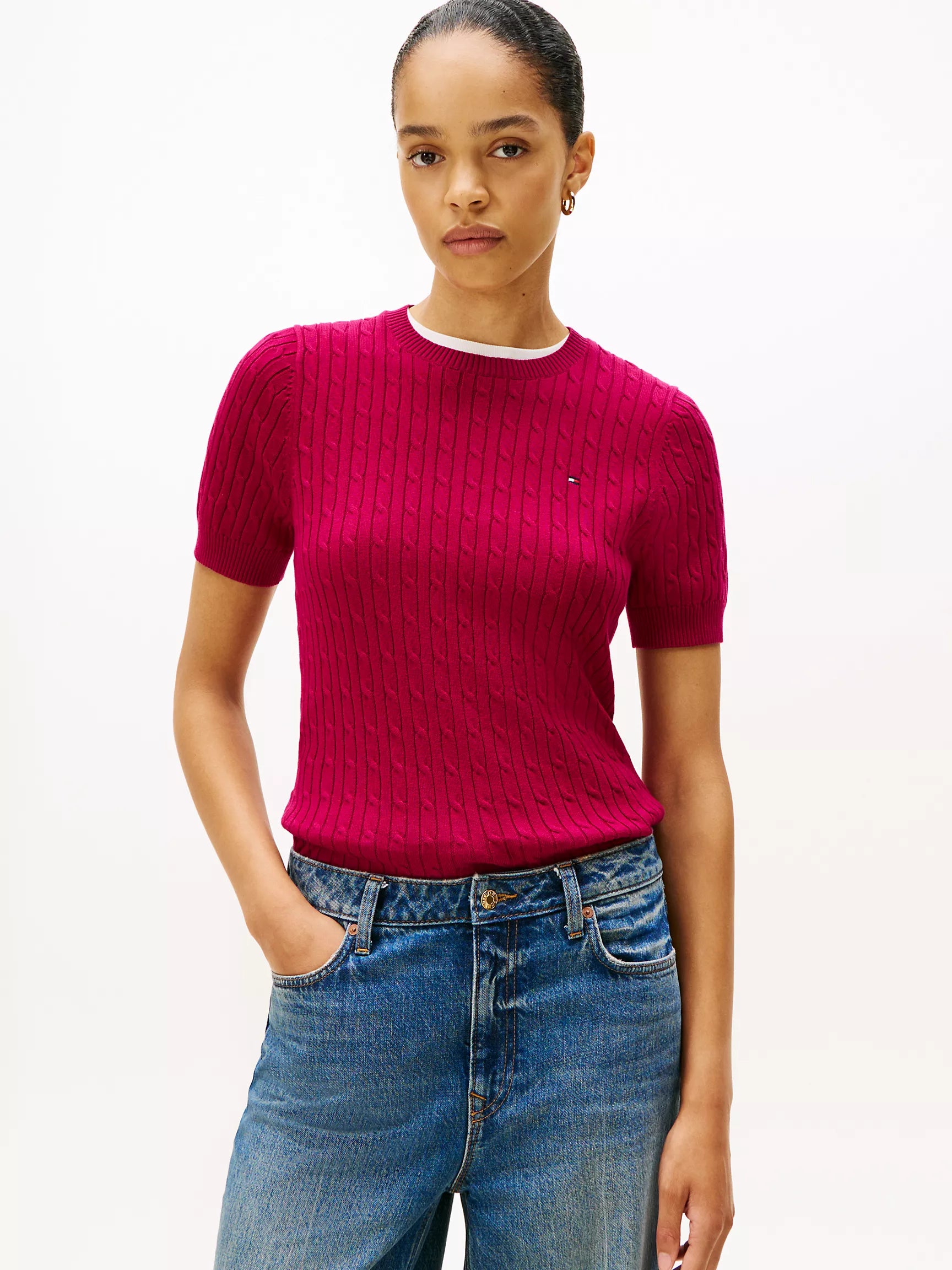 Tommy Womens' Short-Sleeve Cable Knit Sweater