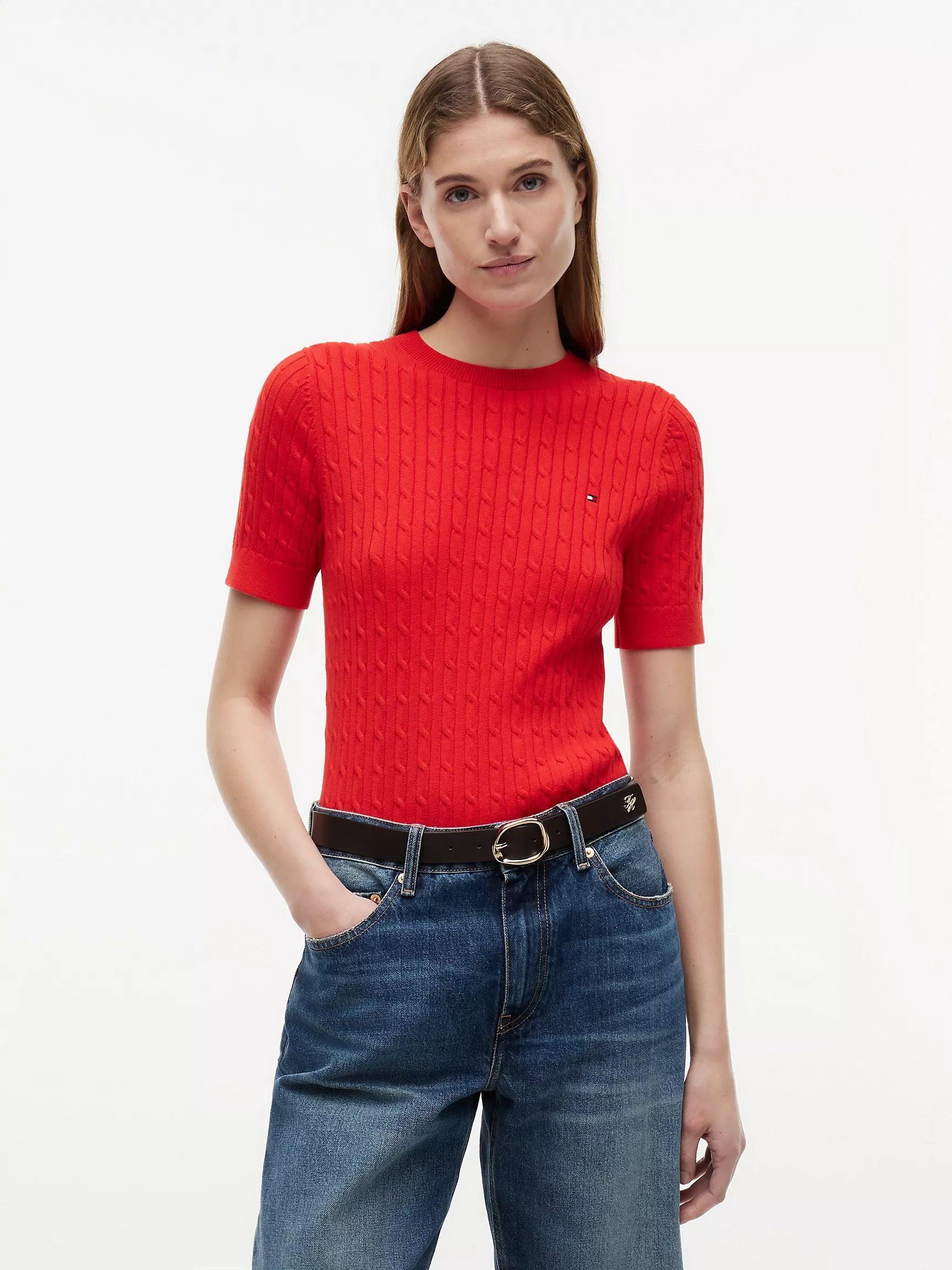 Tommy Women's Short-Sleeve Cable Knit Sweater-Fierce Red