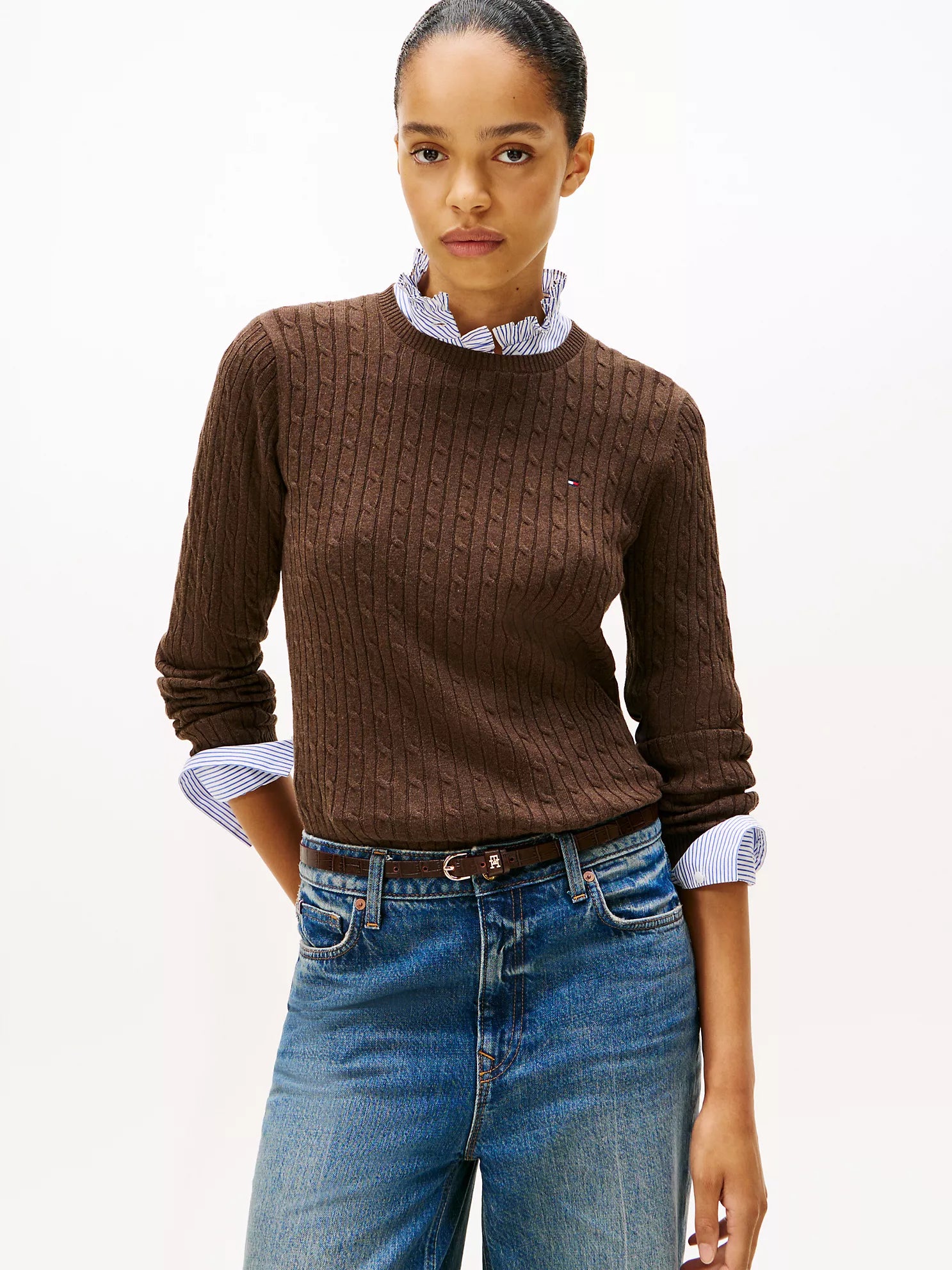 TOMMY WOMENS' Cable Knit Sweater Brown