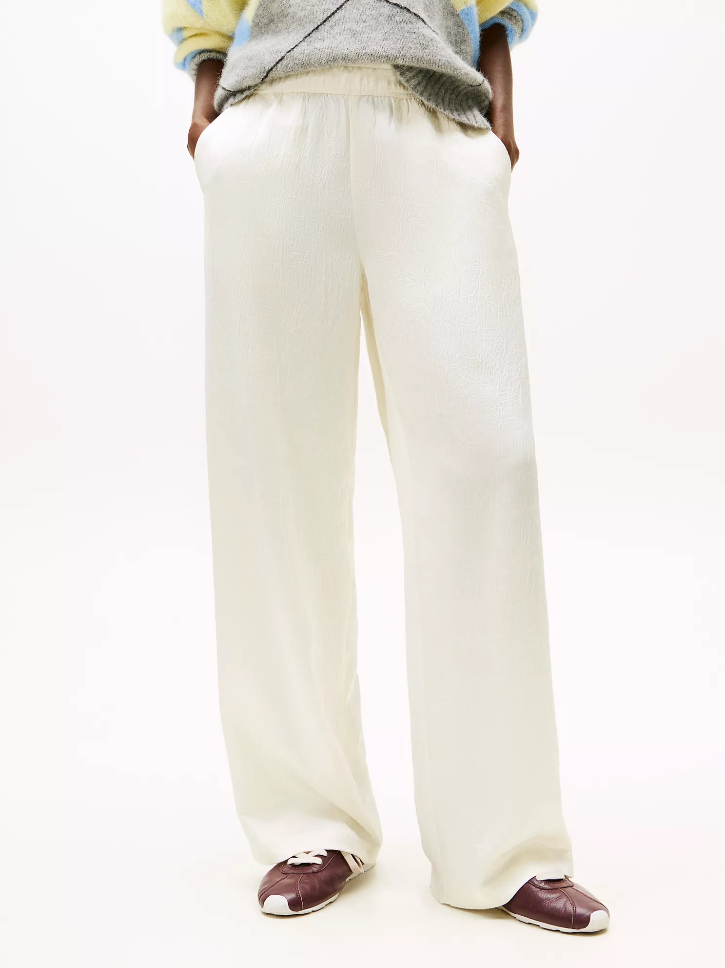 Womens' Tommy Textured Stretch Satin Pull-On Pant Ivory