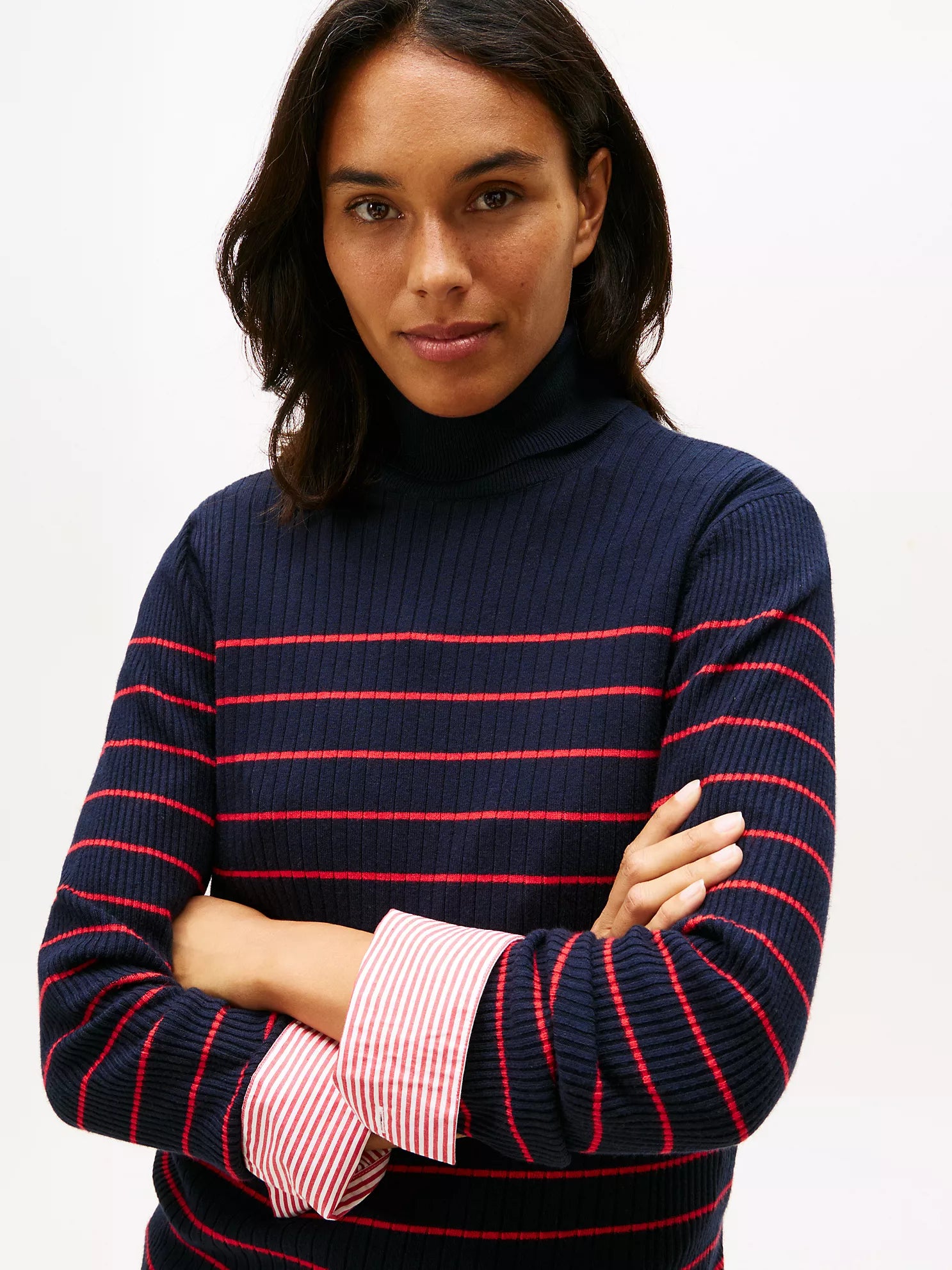 Womens' Tommy Stripe Rib-Knit Turtleneck Sweater Navy