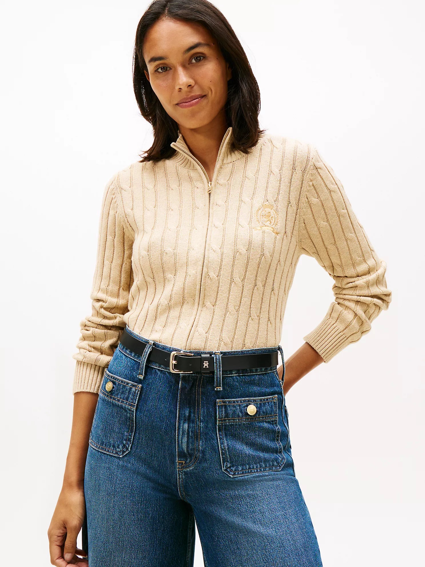 Womens' Tommy Crest Logo Cable Knit Zip Cardigan bEIGE