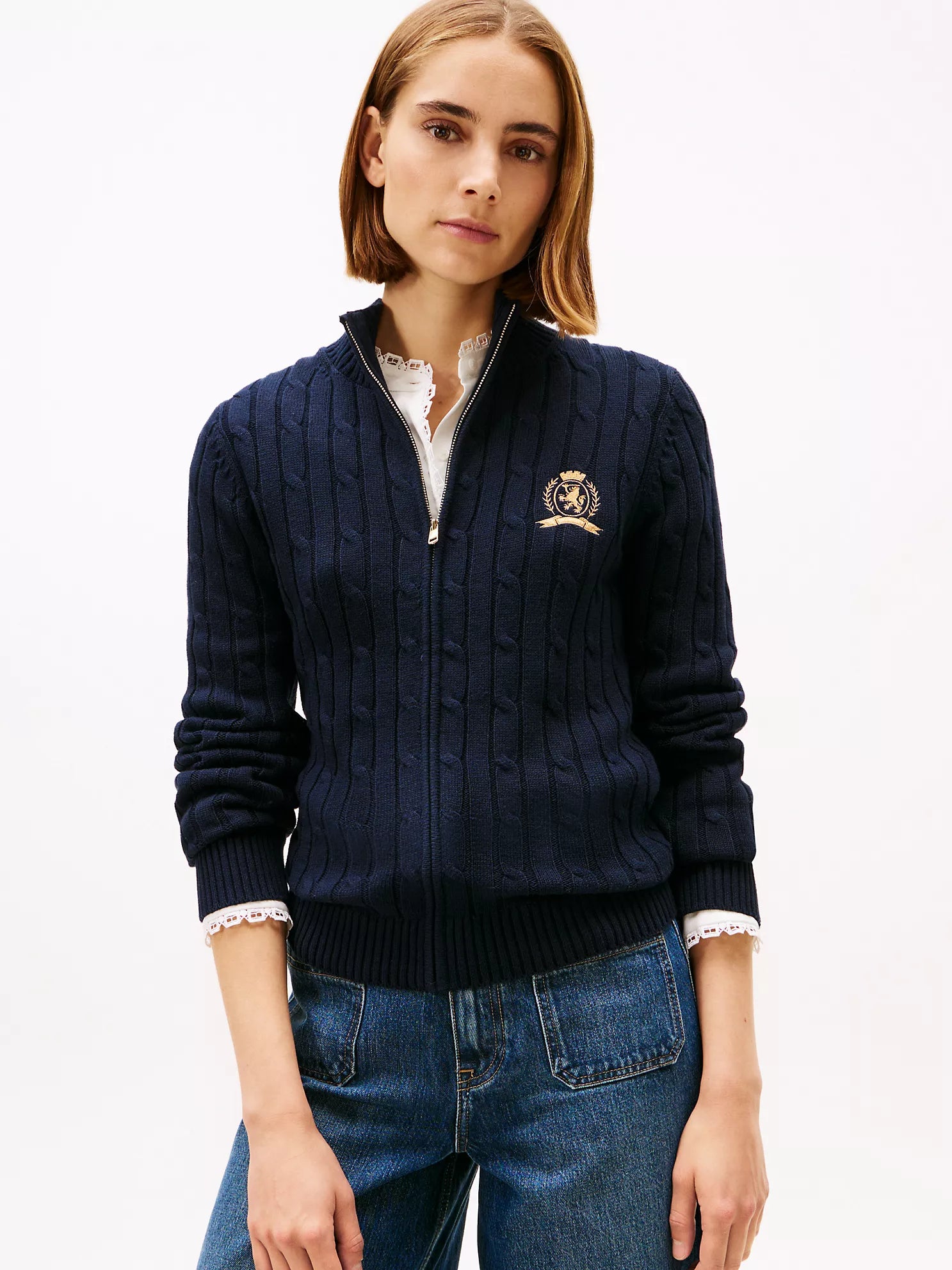 Womens' Tommy Crest Logo Cable Knit Zip Cardigan Navy