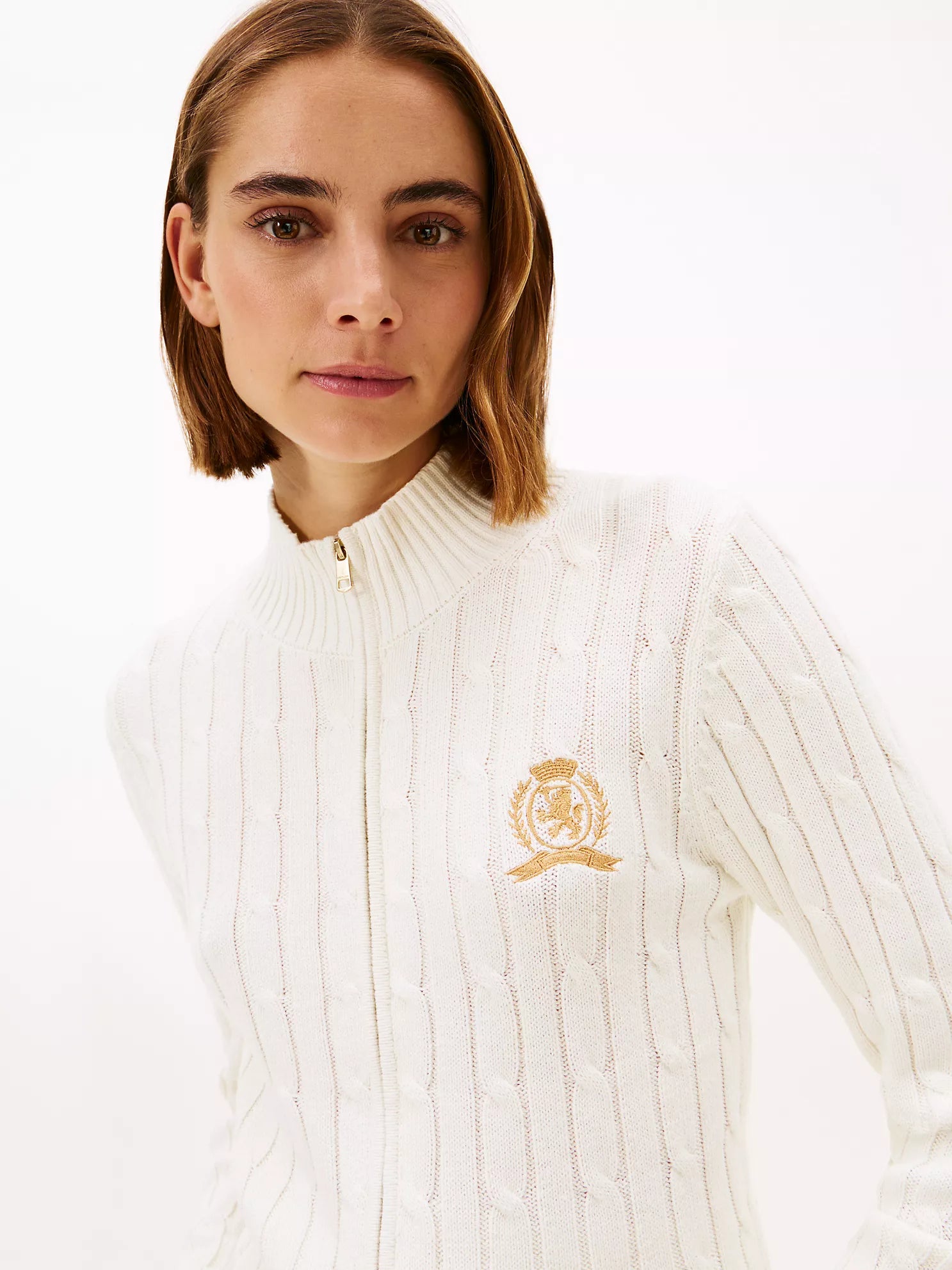 Womens' Tommy Crest Logo Cable Knit Zip Cardigan Ivory