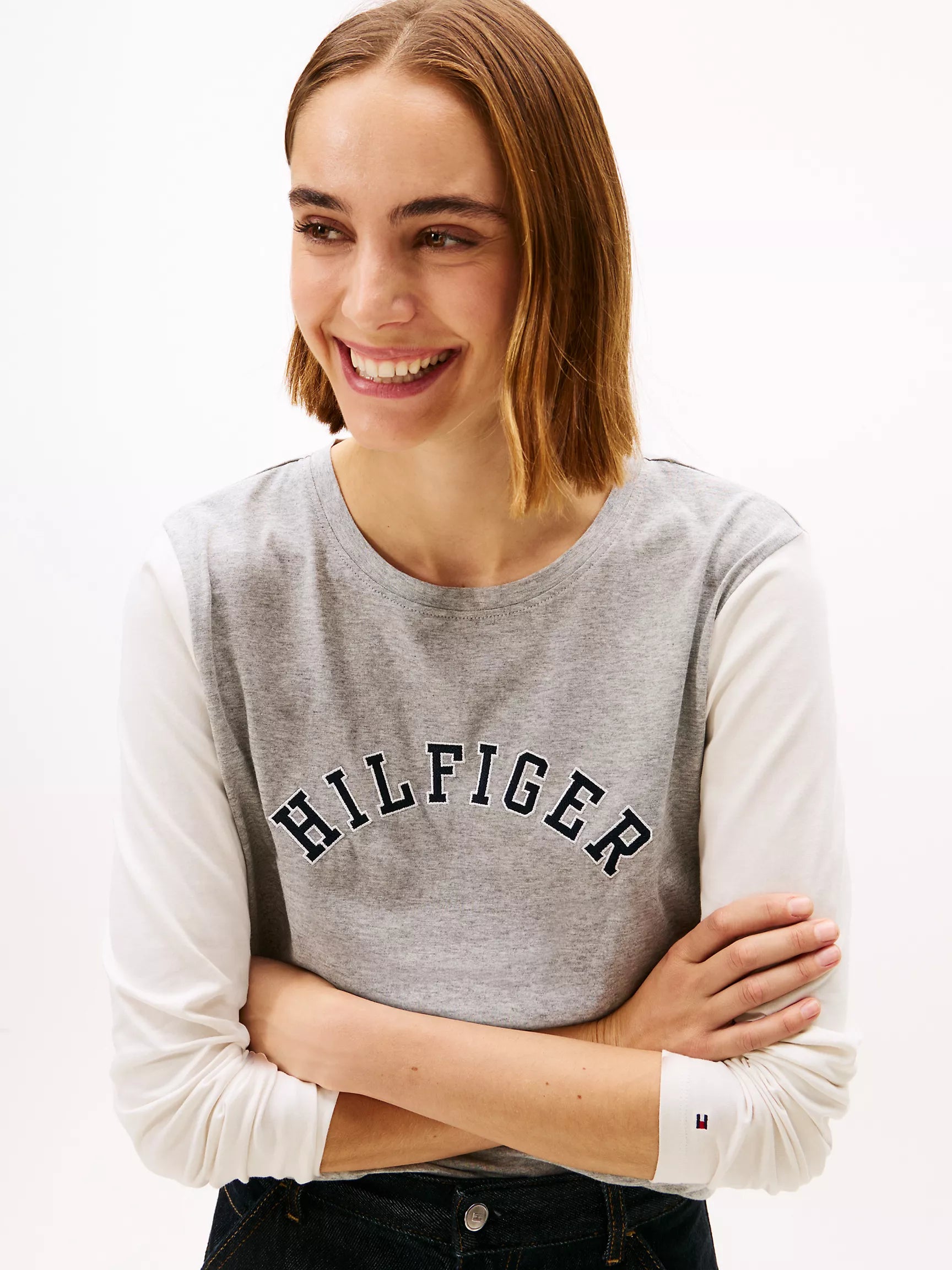 Womens' Tommy Colorblock Hilfiger Arch Logo T-Shirt Grey Heather