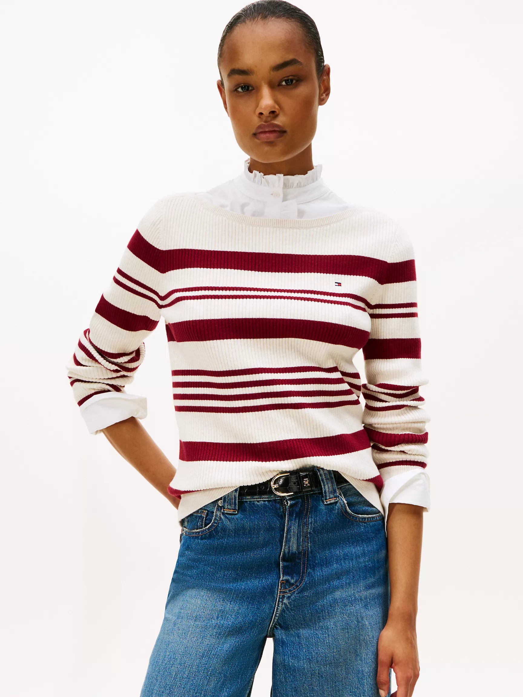 Womens' Tommy  Stripe Boatneck Rib-Knit Sweater