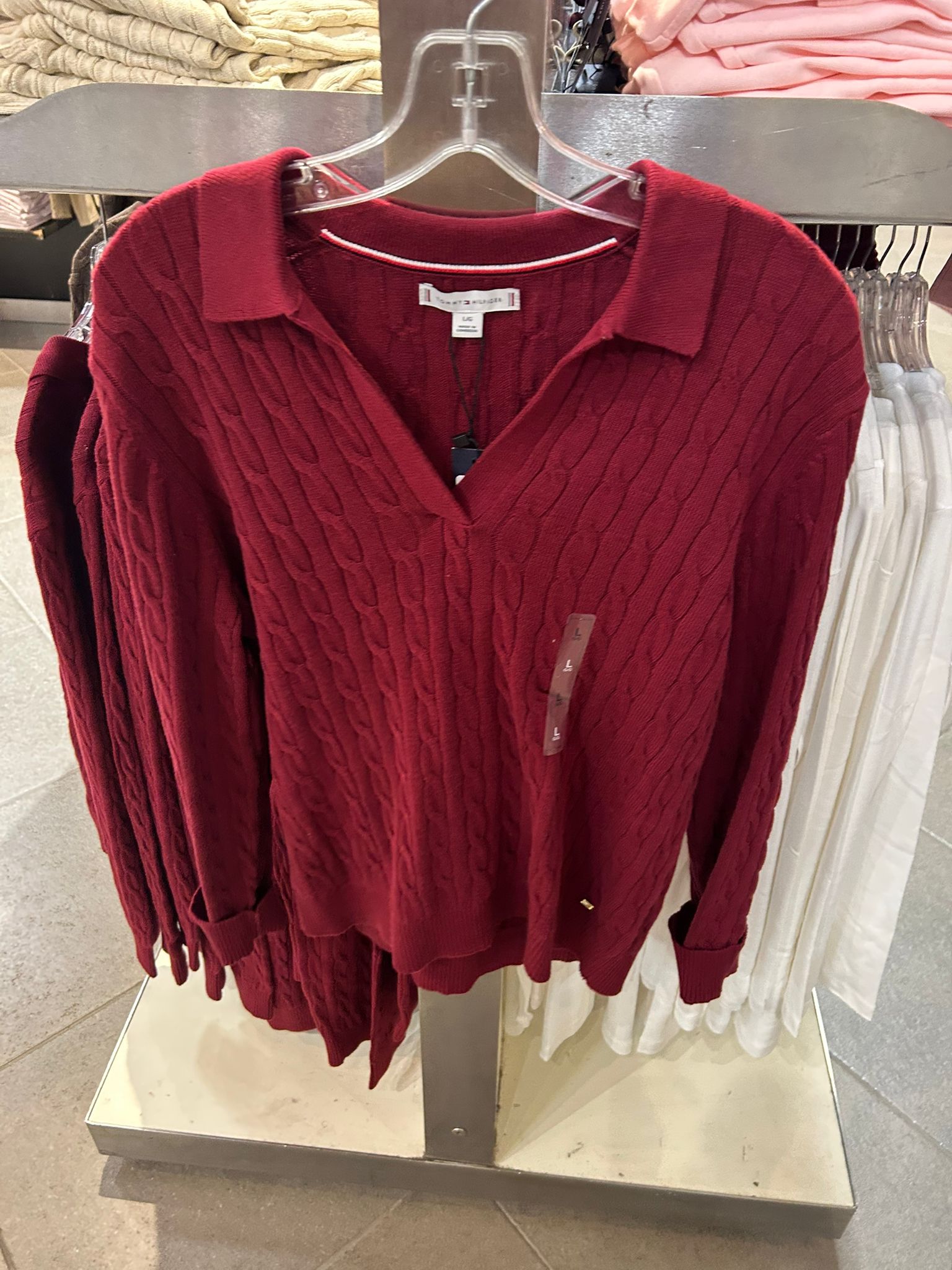 Womens' Open Placket Cable Knit Sweater Polo Rouge