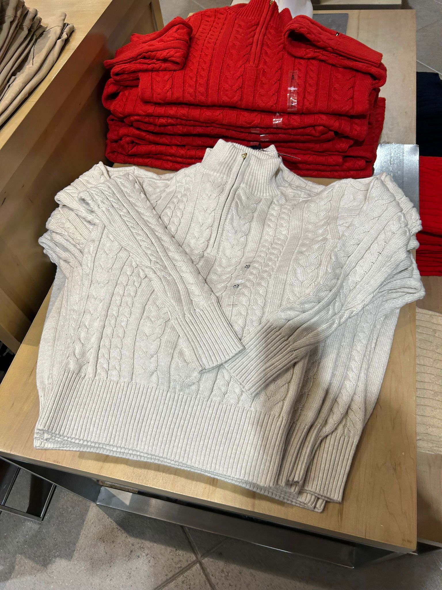 Womens' TOMMY Cable Knit Quarter-Zip Sweater Beige