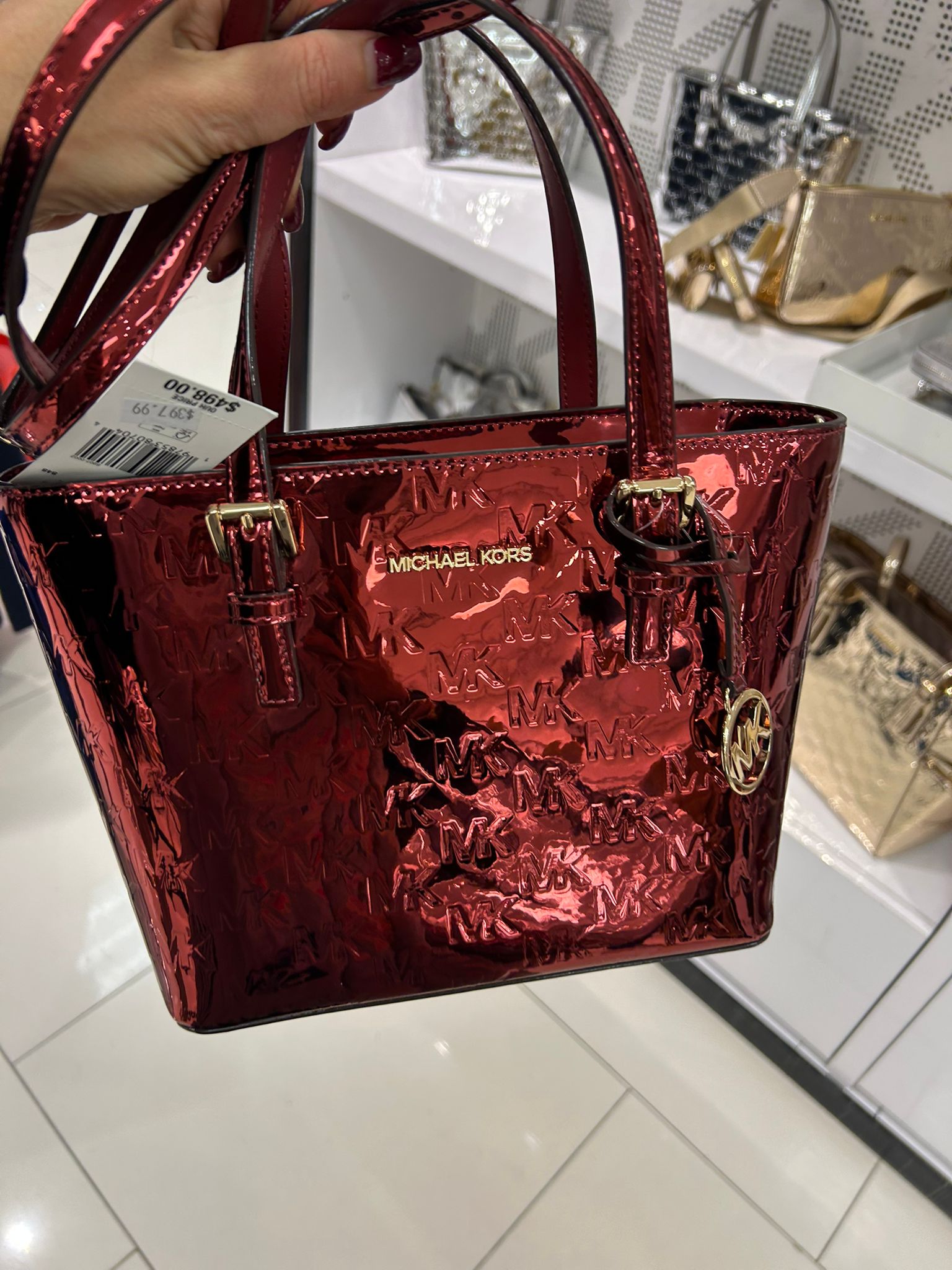 Women's Michael Kors Jet Set Extra-Small Metallic Logo Debossed Convertible Tote Bag CHERRY