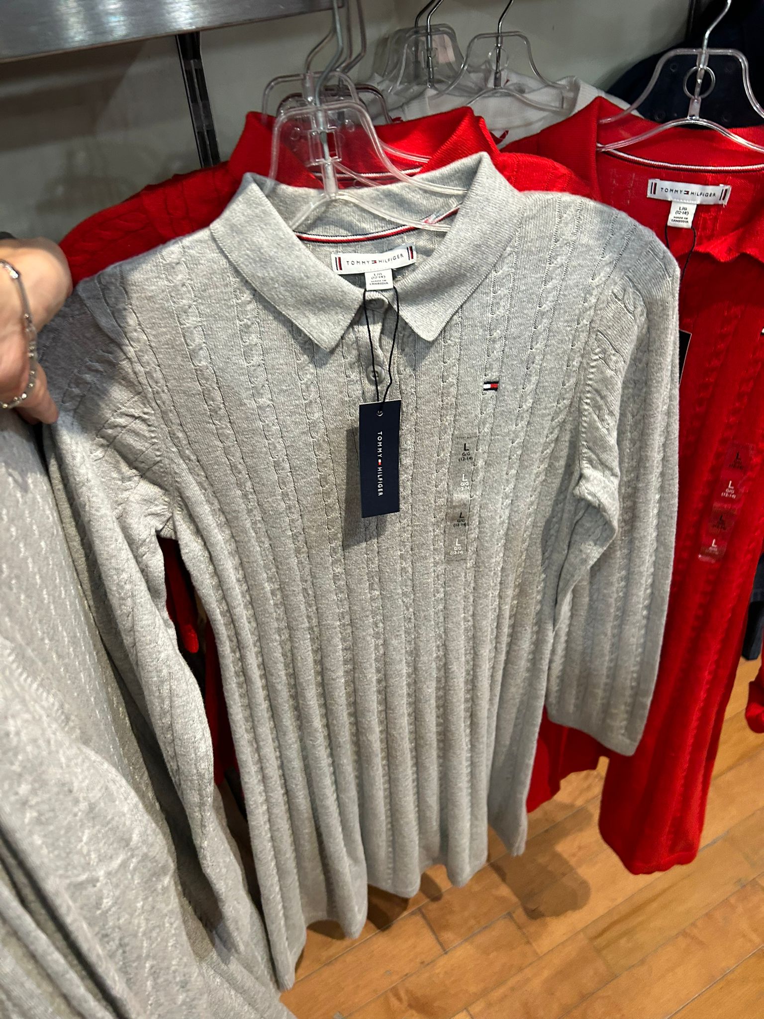 TOMMY Girls Kids' Cable Knit Polo Sweater Dress Heather Grey