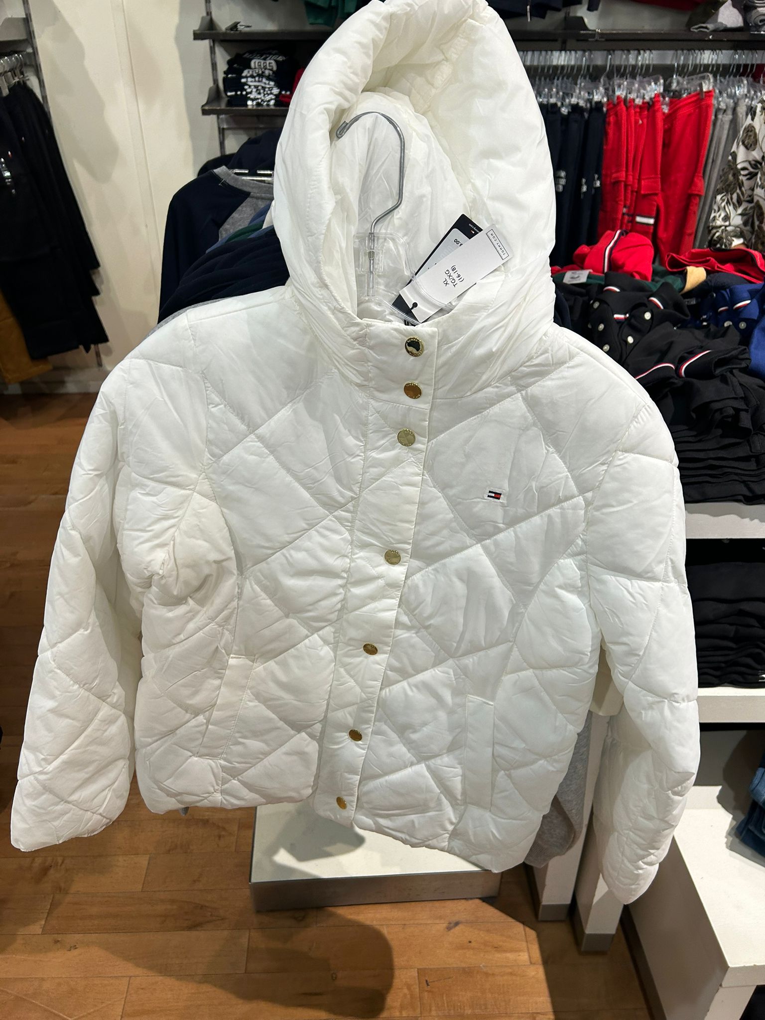 TOMMY Girls Kids' Quilted Hooded Puffer Jacket Ecru