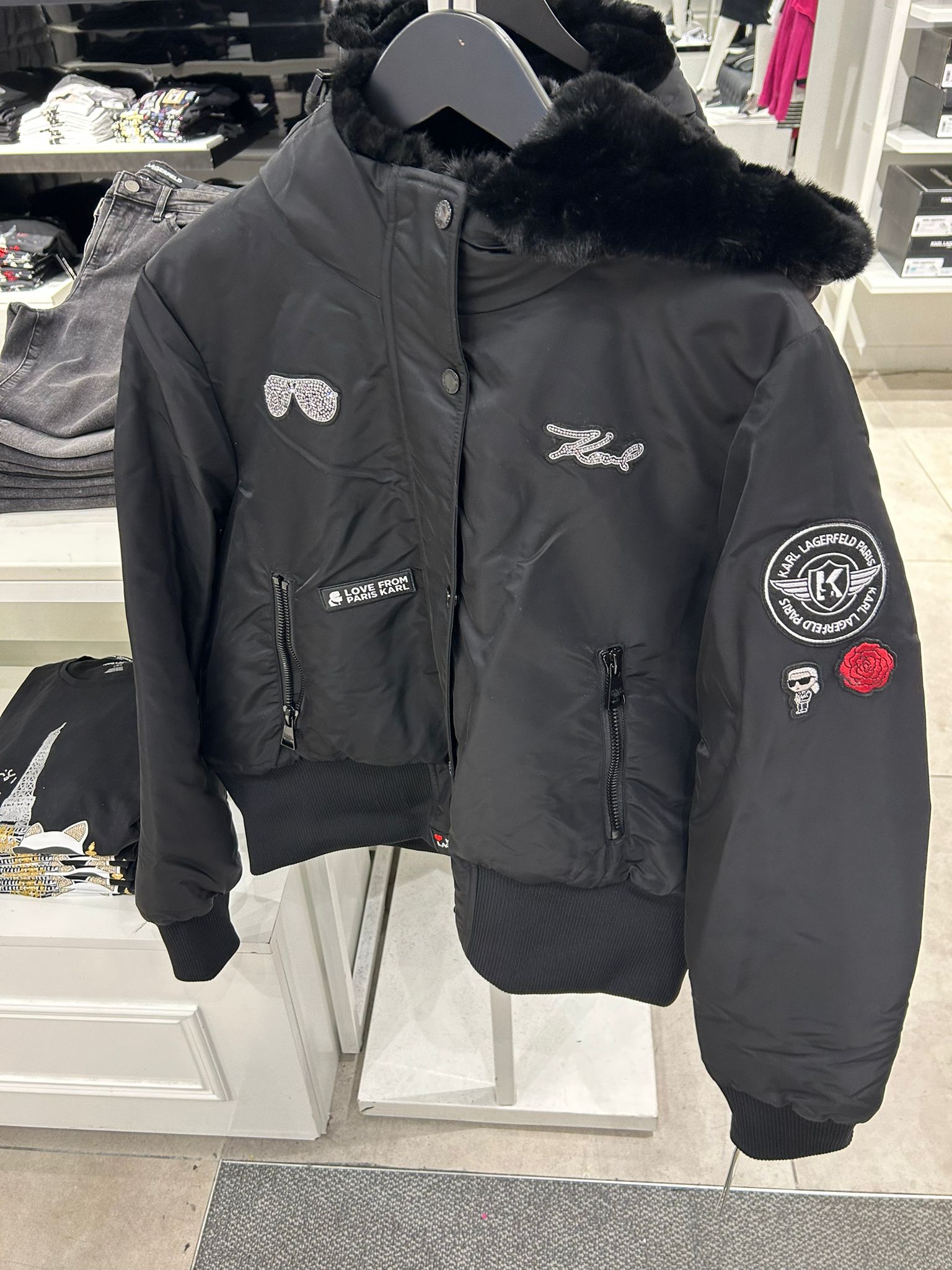 Karl Lagerfeld Paris Womens' LOGO PATCH HOODED BOMBER JACKET
