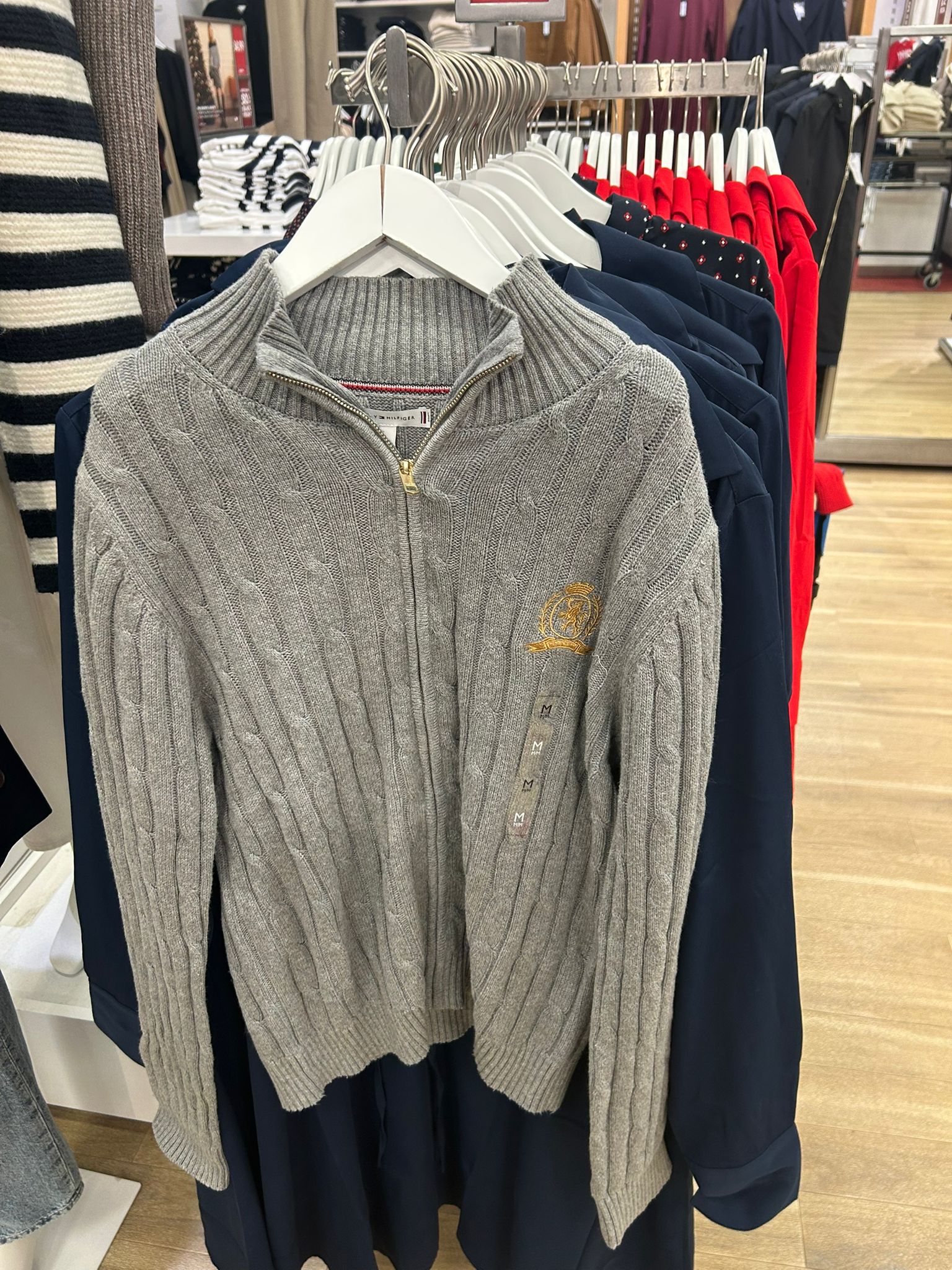 Womens' Tommy Crest Logo Cable Knit Zip Cardigan Medium Grey Heather