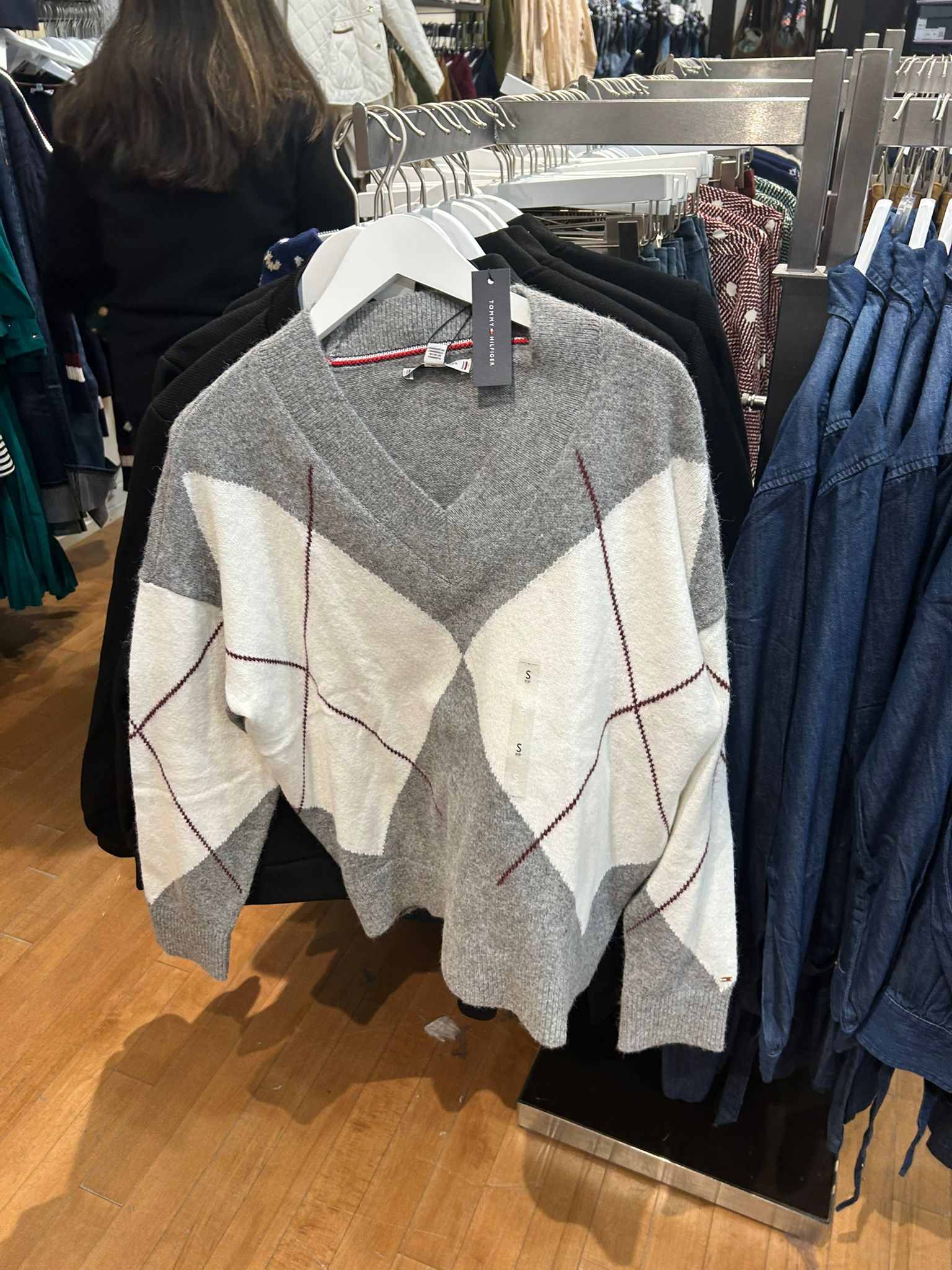 Womens' Tommy Hilfiger Argyle V-Neck Sweater Beige