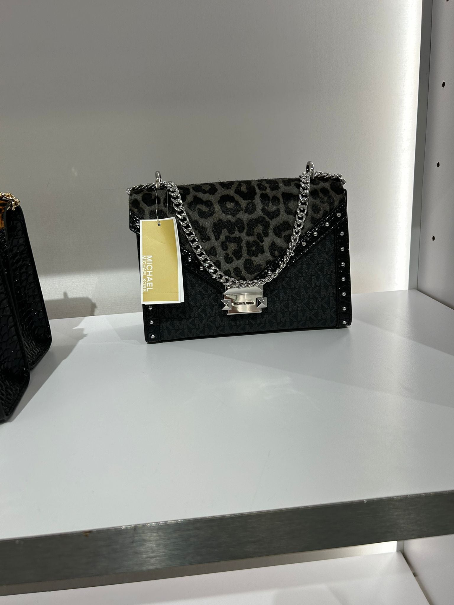 Womens' Michael Kors Whitney Leopard Print Calf Hair and Signature Logo Shoulder Bag  BLACK