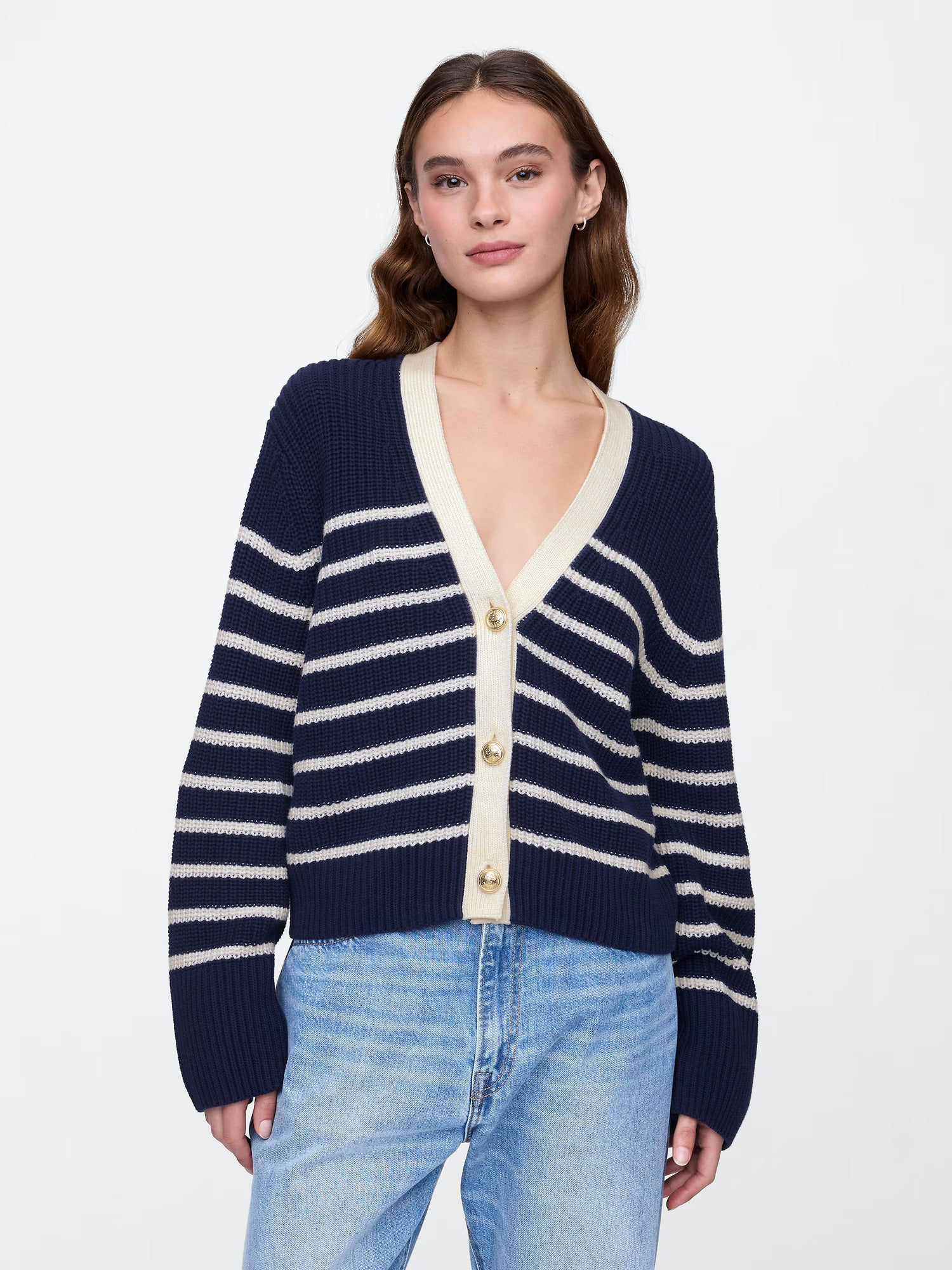 WOMEN GAP Relaxed Stripe V-Neck Cardigan_navy stripe