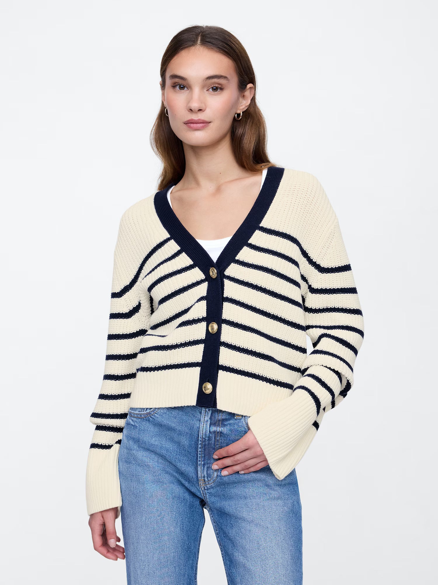 WOMEN GAP Relaxed Stripe V-Neck Cardigan -neutral stripe