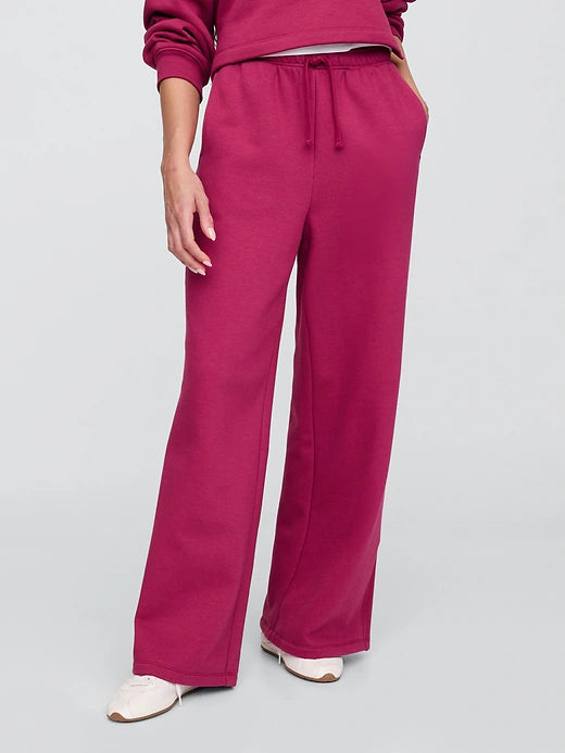 Womens' GAP Fleece Rib-Seam Wide-Leg Pants Cerise