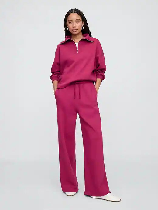 Womens' GAP Fleece Rib-Seam Wide-Leg Pants Cerise