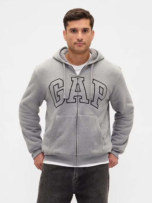 Gap Mens' Relaxed Gap Logo Sherpa-Lined Zip Hoodie Heather Gray