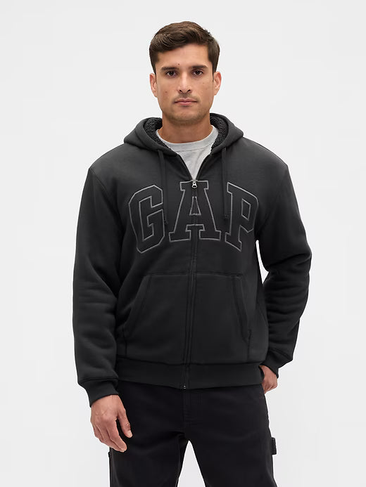 Gap Mens' Relaxed Gap Logo Sherpa-Lined Zip Hoodie Black Moonless Night