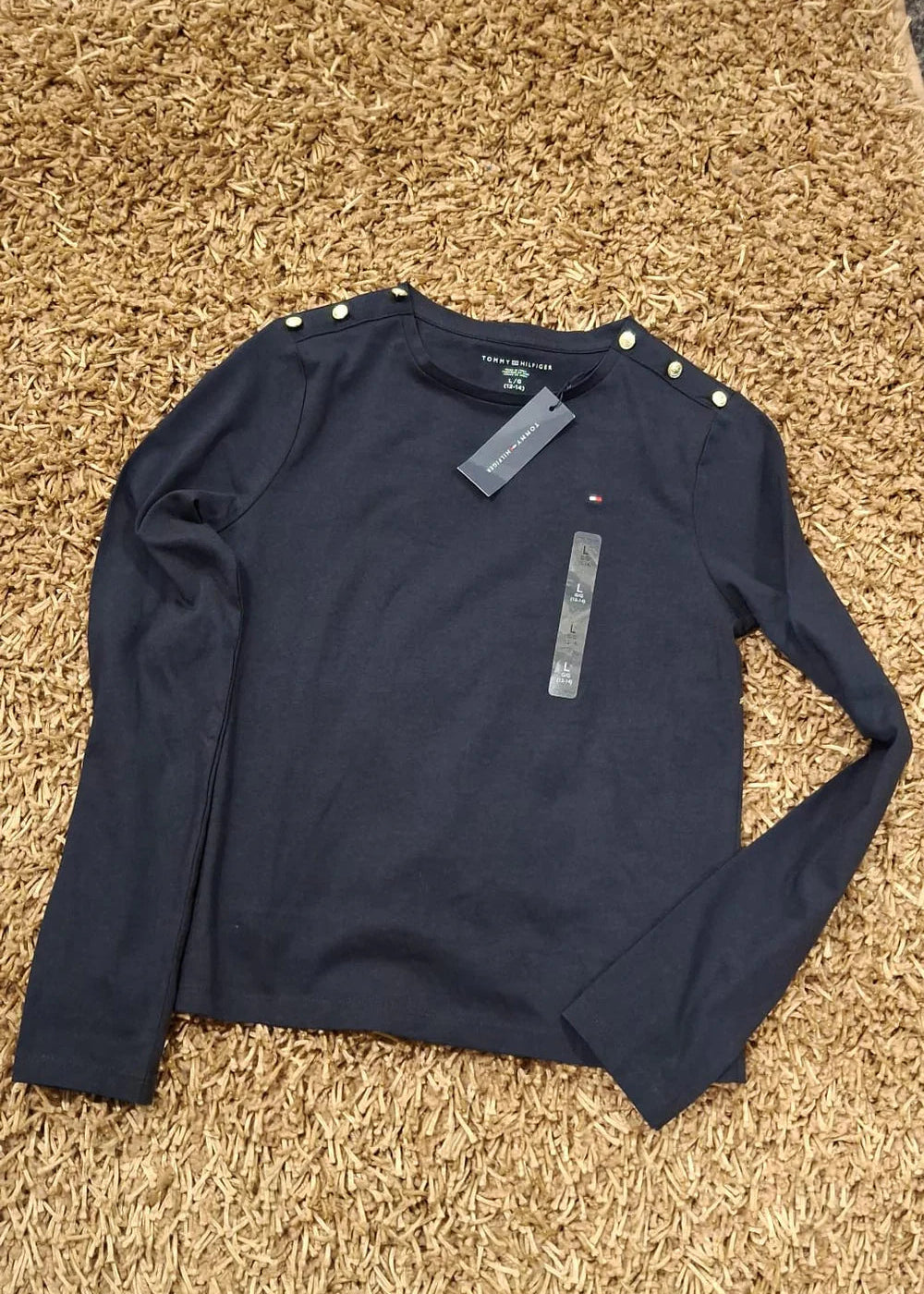 Girls' Tommy Long-Sleeve Gold Button T-Shirt