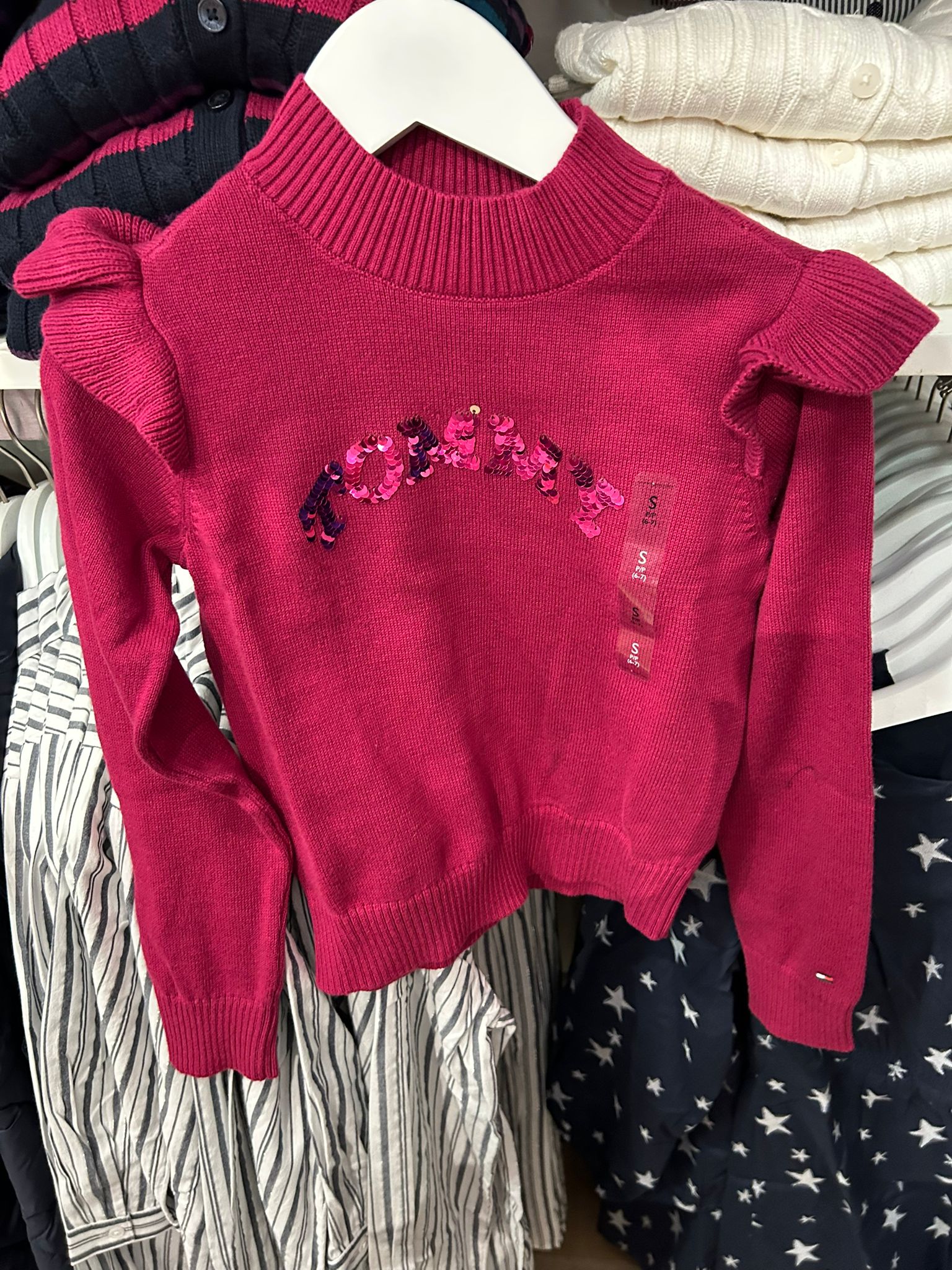 TOMMY Girls Sequin Logo Ruffle Sweater