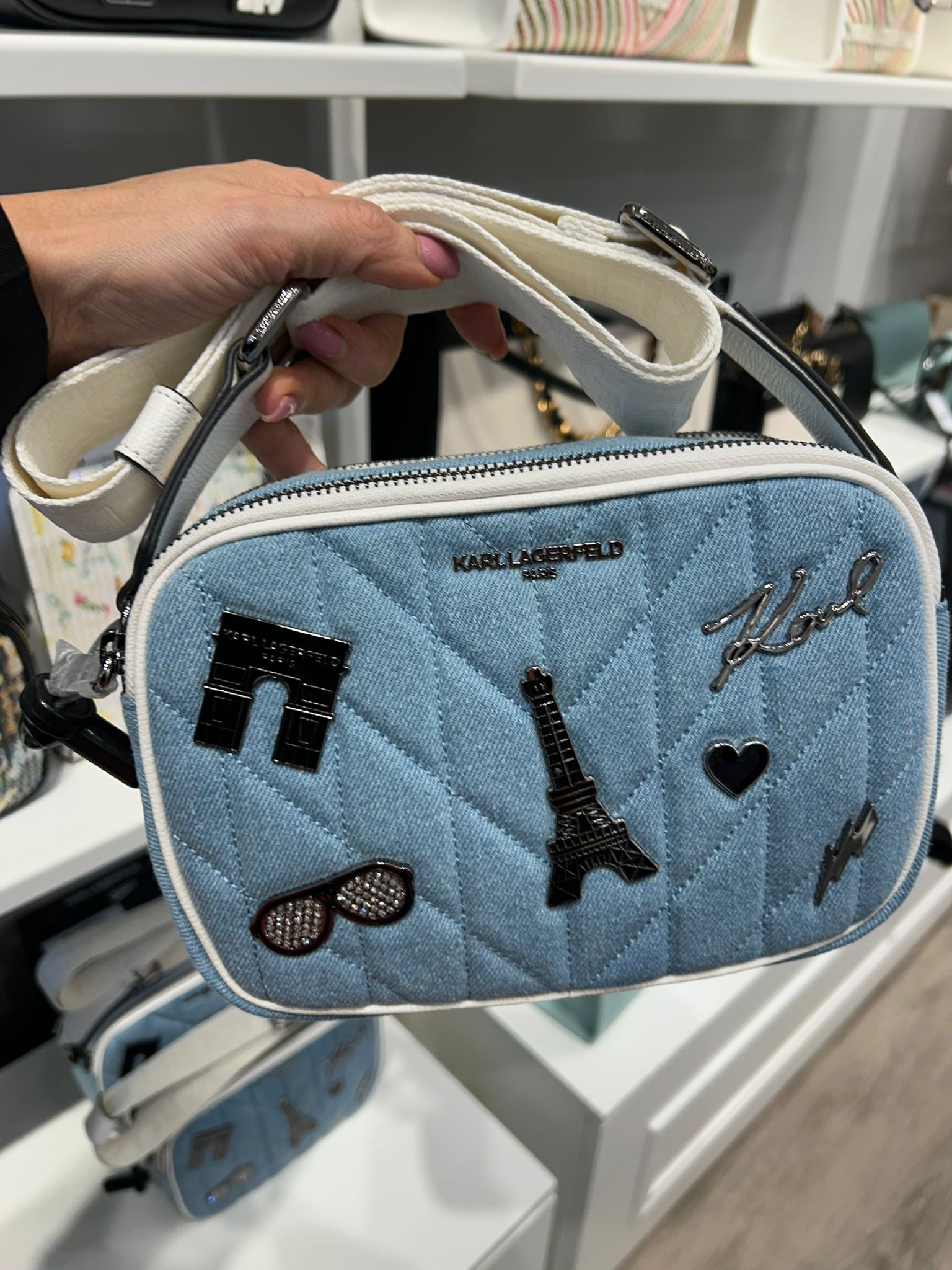 MAYBELLE DENIM CROSSBODY WITH PARIS PINS