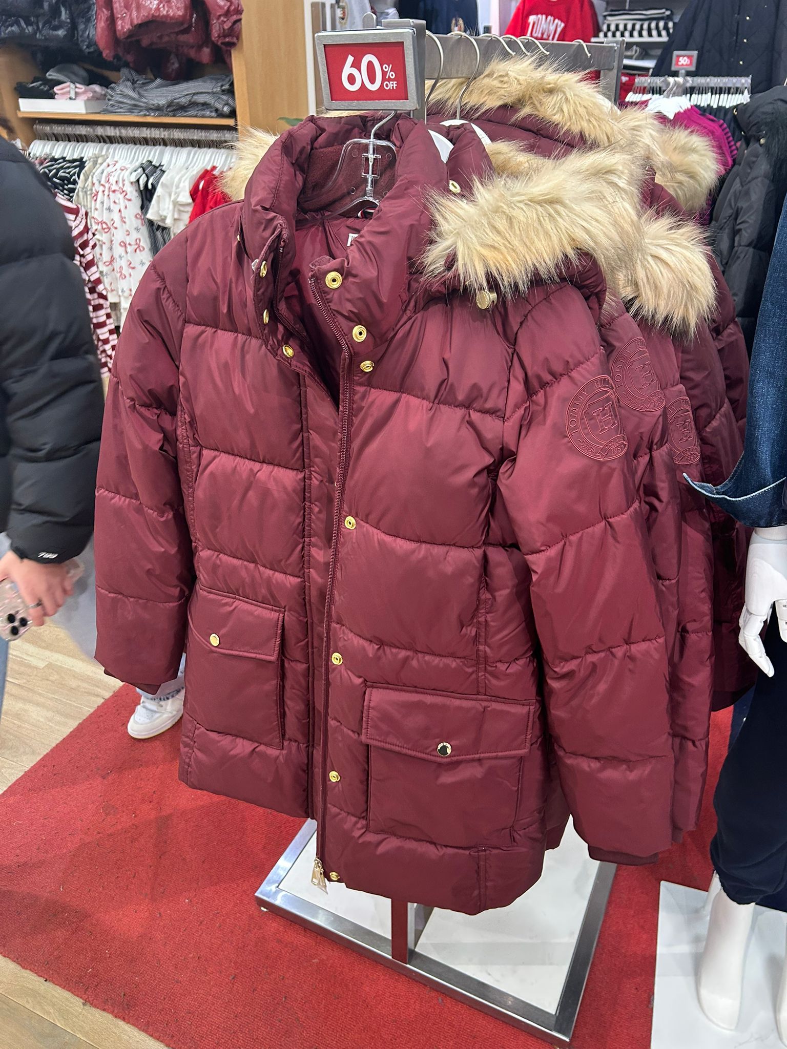 TOMMY WOMENS' Hooded Puffer Coat Deep Rouge