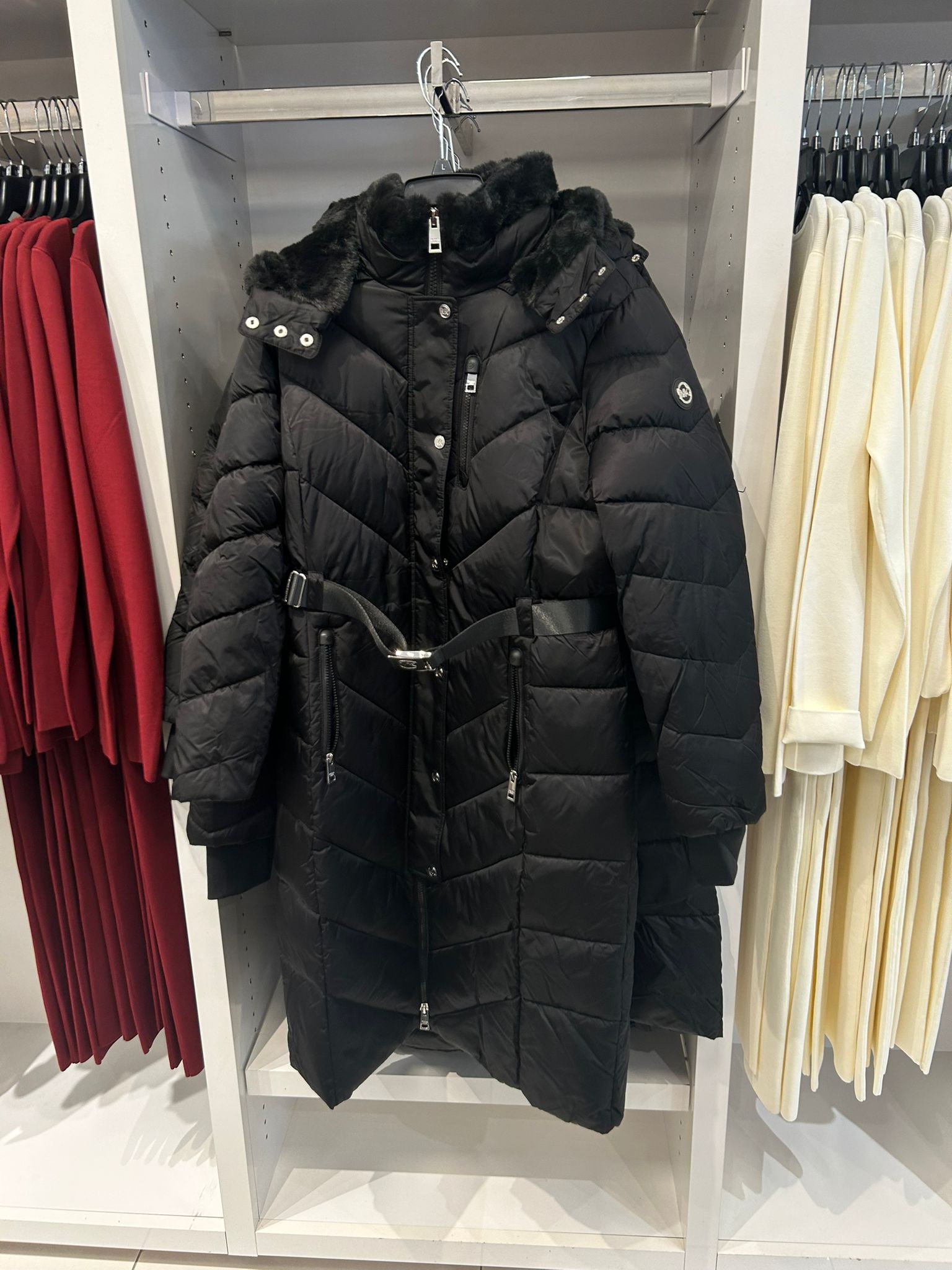 Michael Kors WOMENS' Faux Fur Trim Belted Puffer Coat