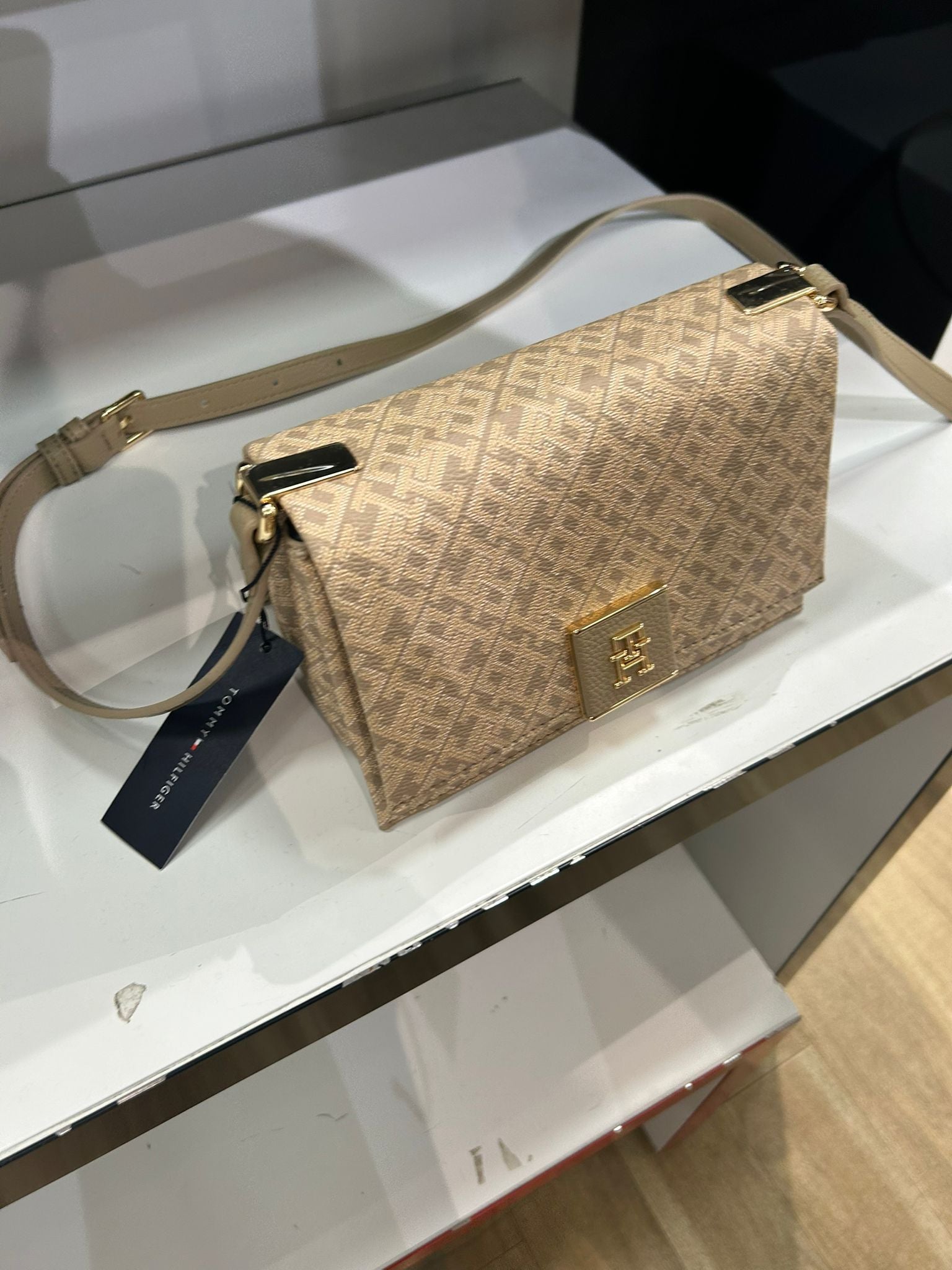 Tommy Hilfiger Womens' Logo Beige Pu Sling Bag