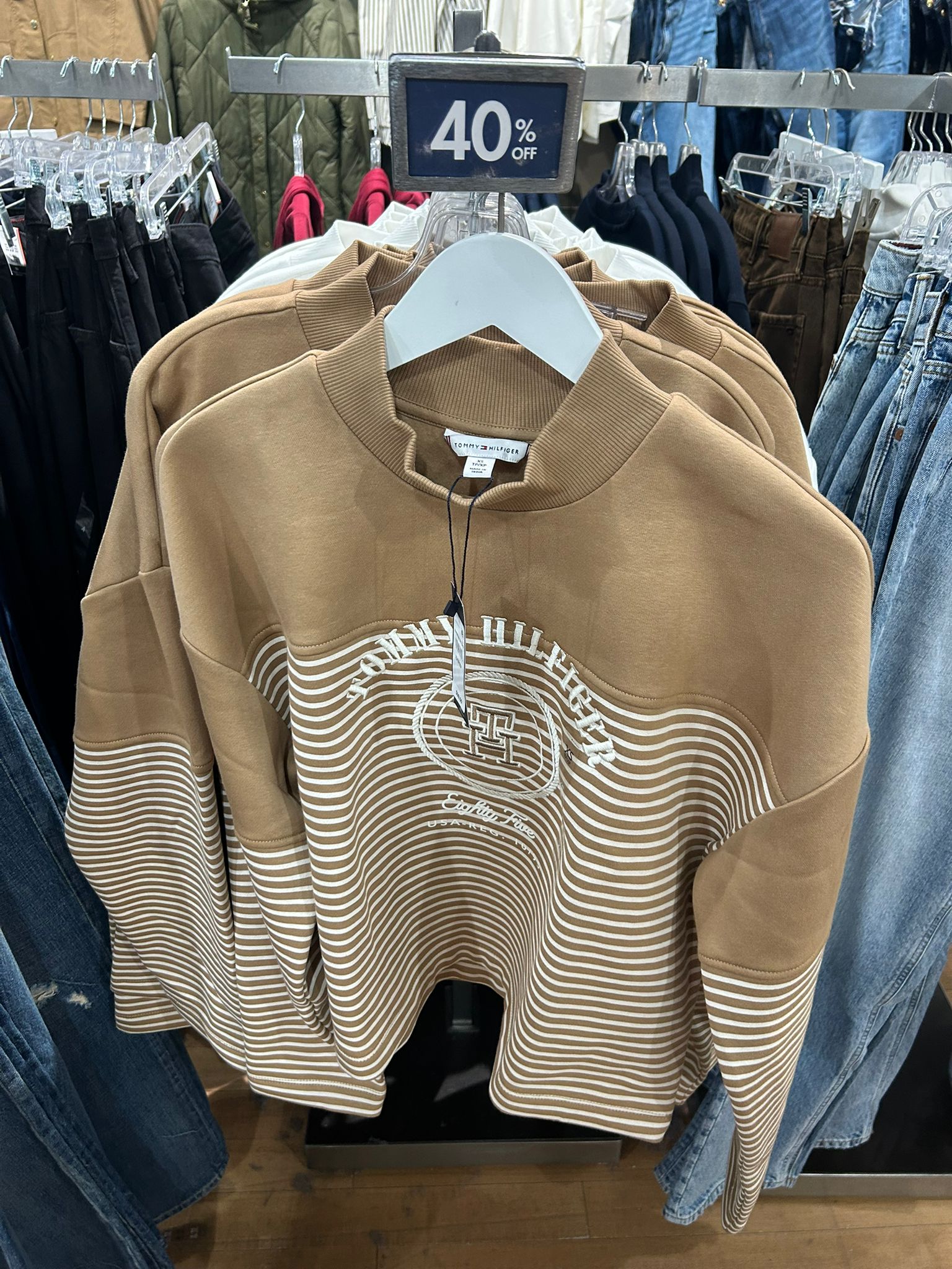 Womens' Tommy Nautical Stripe Cropped Sweatshirt Iconic Camel