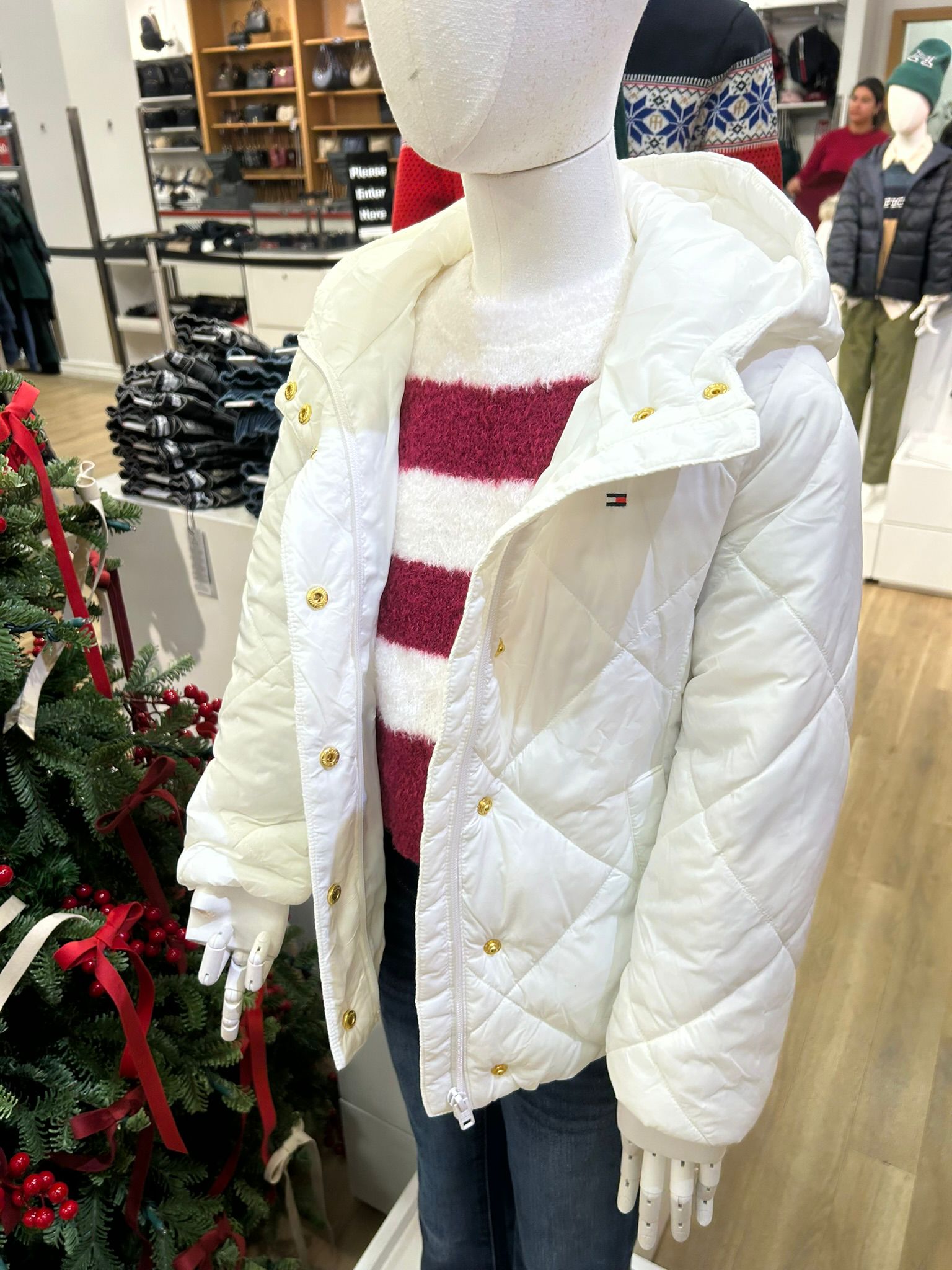 TOMMY Girls Kids' Quilted Hooded Puffer Jacket Ecru