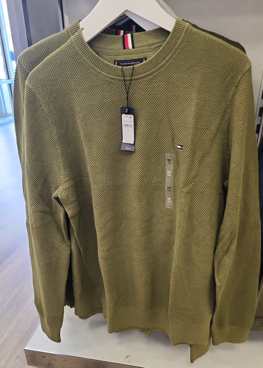 Tommy Mens' Textured Knit Crewneck Sweater/ OLIVE