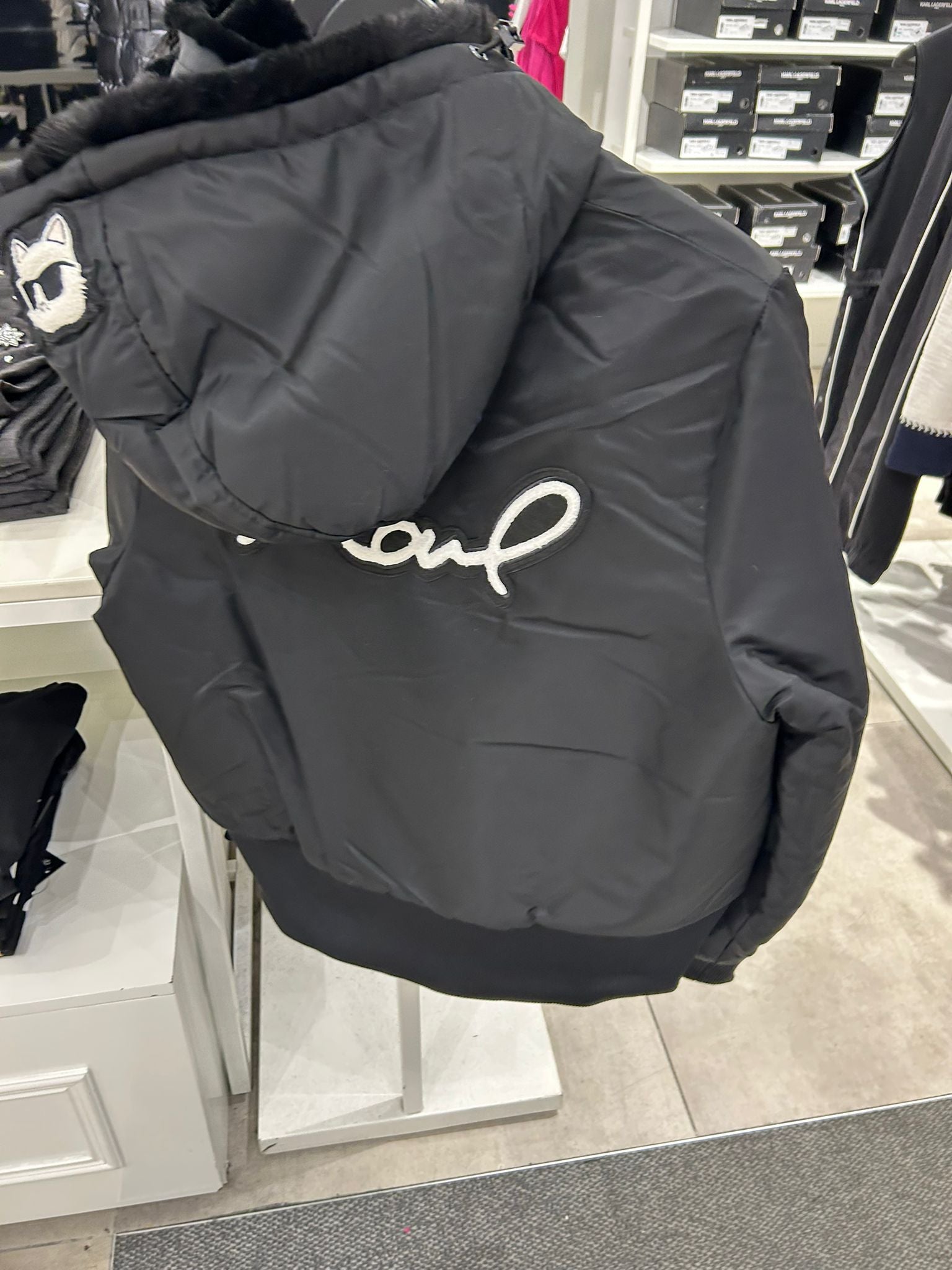 Karl Lagerfeld Paris Womens' LOGO PATCH HOODED BOMBER JACKET