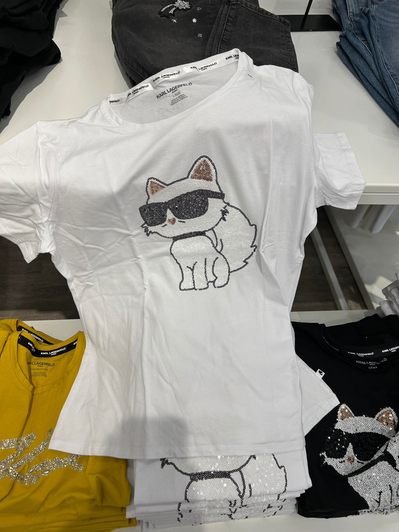 Karl Lagerfeld Paris Womens' CHOUPETTE SEQUIN LOGO TEE