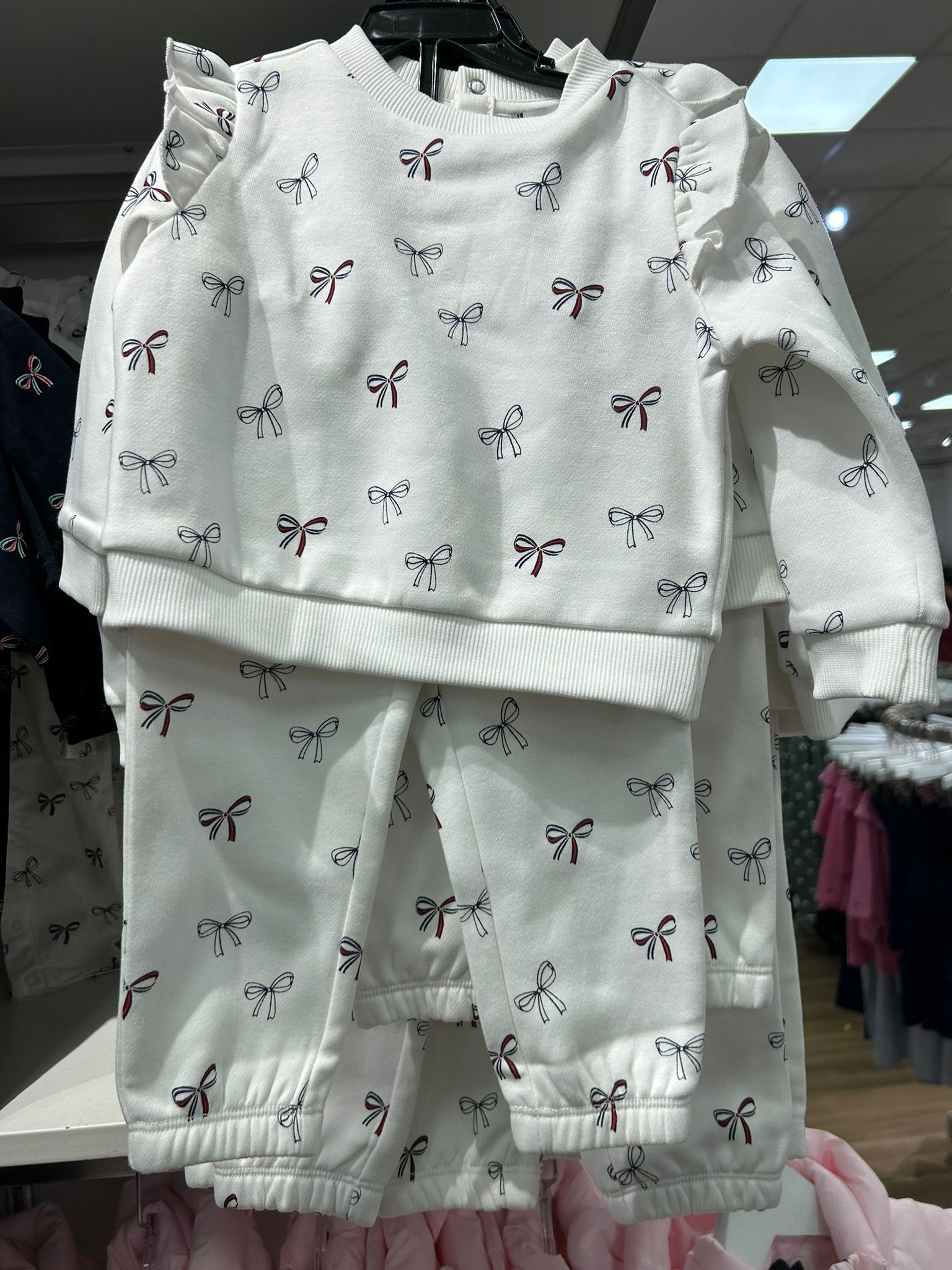 Baby Girls' Bow Print Sweatshirt & Pant Set Ecru