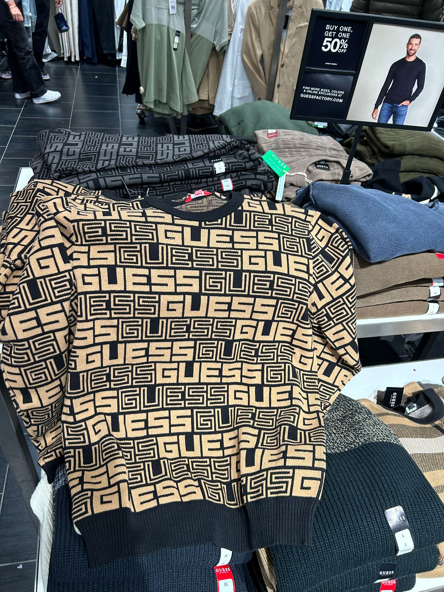 Guess MENS' Hertz Plaid Sweater Paco Logo Sweater Beige