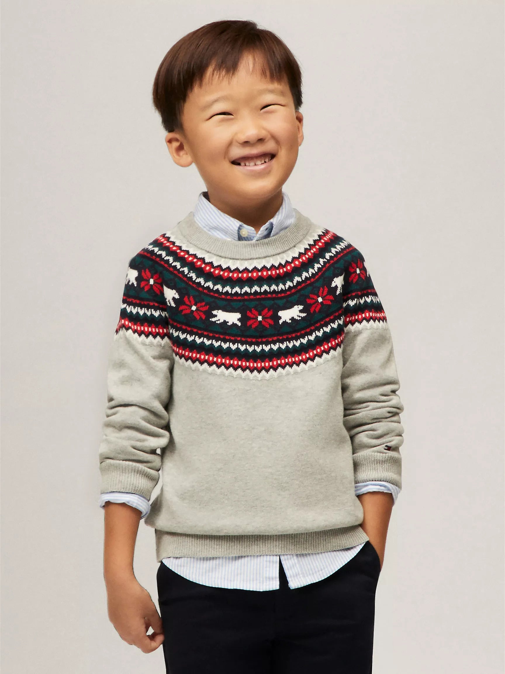 Boys' Tommy Hilfiger- Polar Bear Fair Isle Sweater - Grey