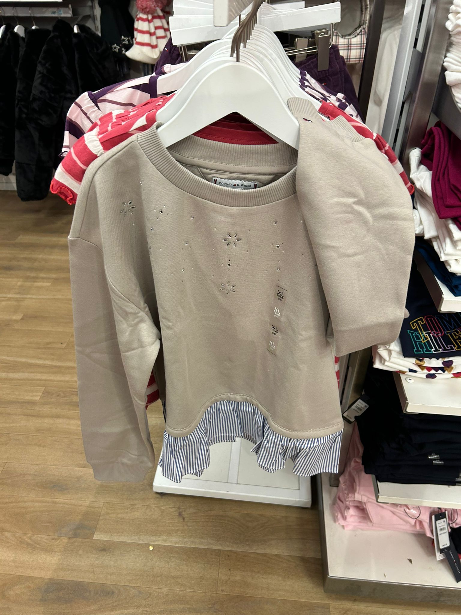 TOMMY Girls Crystal Layered-Look Sweatshirt Stone
