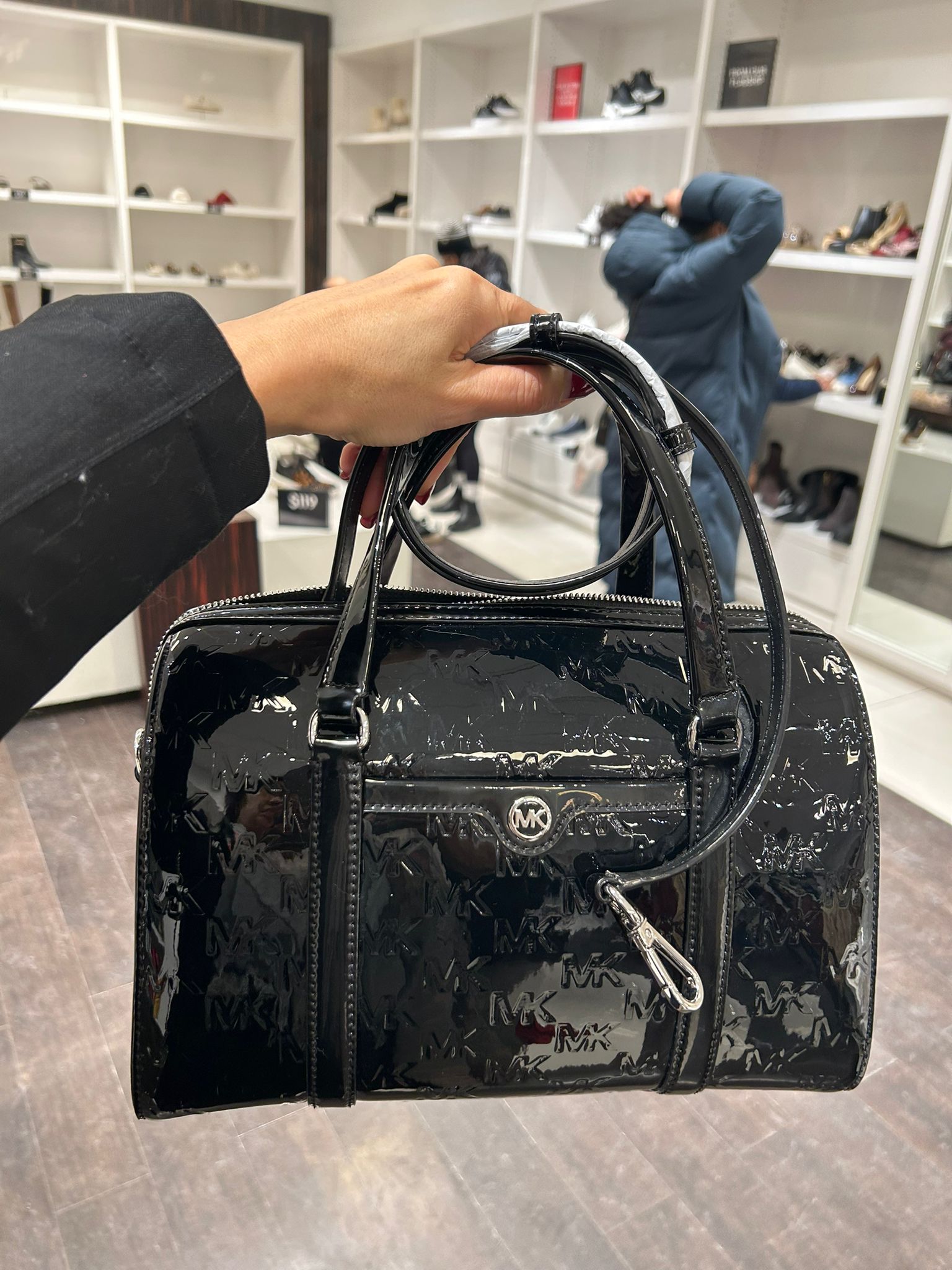 Women's Michael Kors Jet Set Medium Patent Logo Debossed Duffel Crossbody Bag BLACK