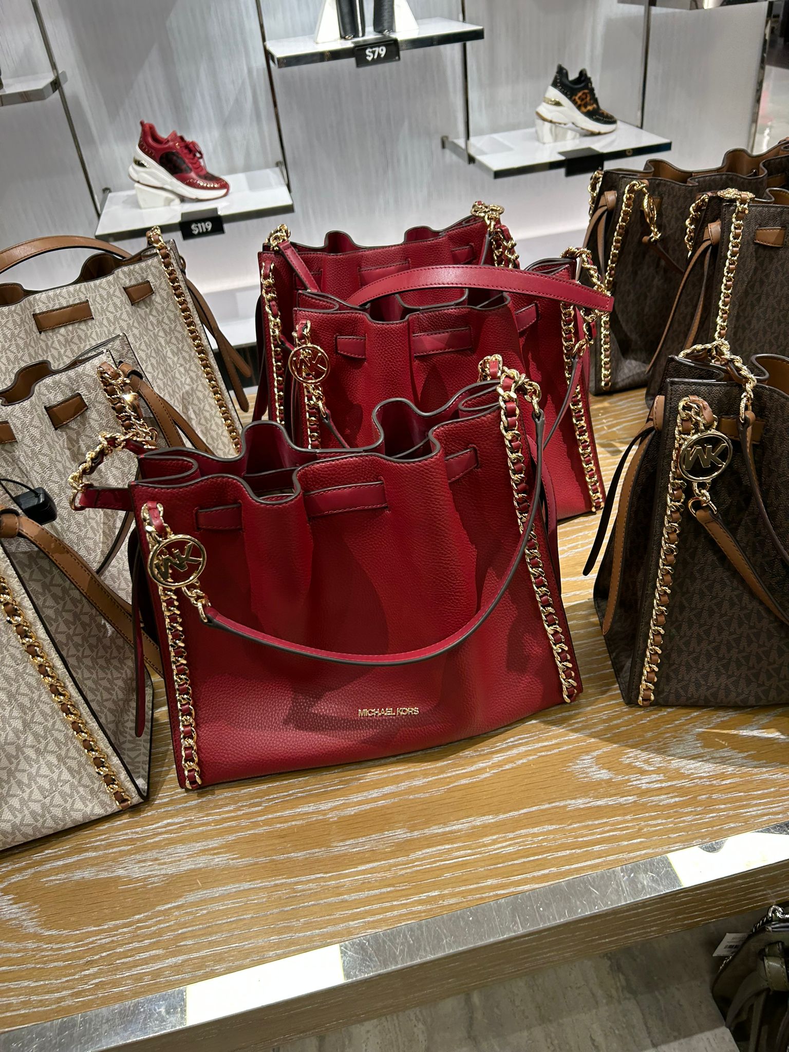 Womens' Michael Kors Mina Large Chain Shoulder Bag CHERRY