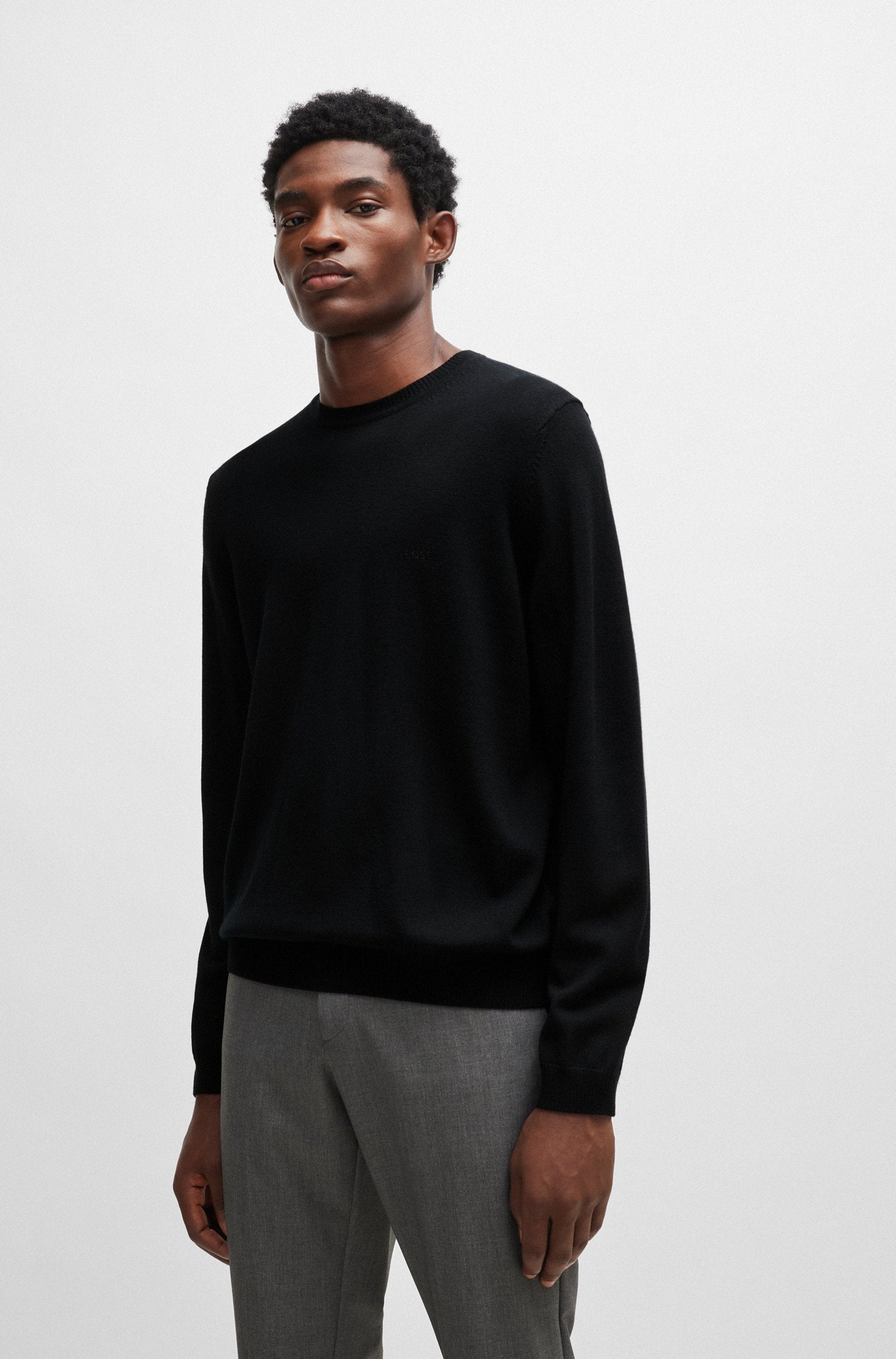 MENS' BOSS Regular-fit sweater in extra-fine merino / BLACK