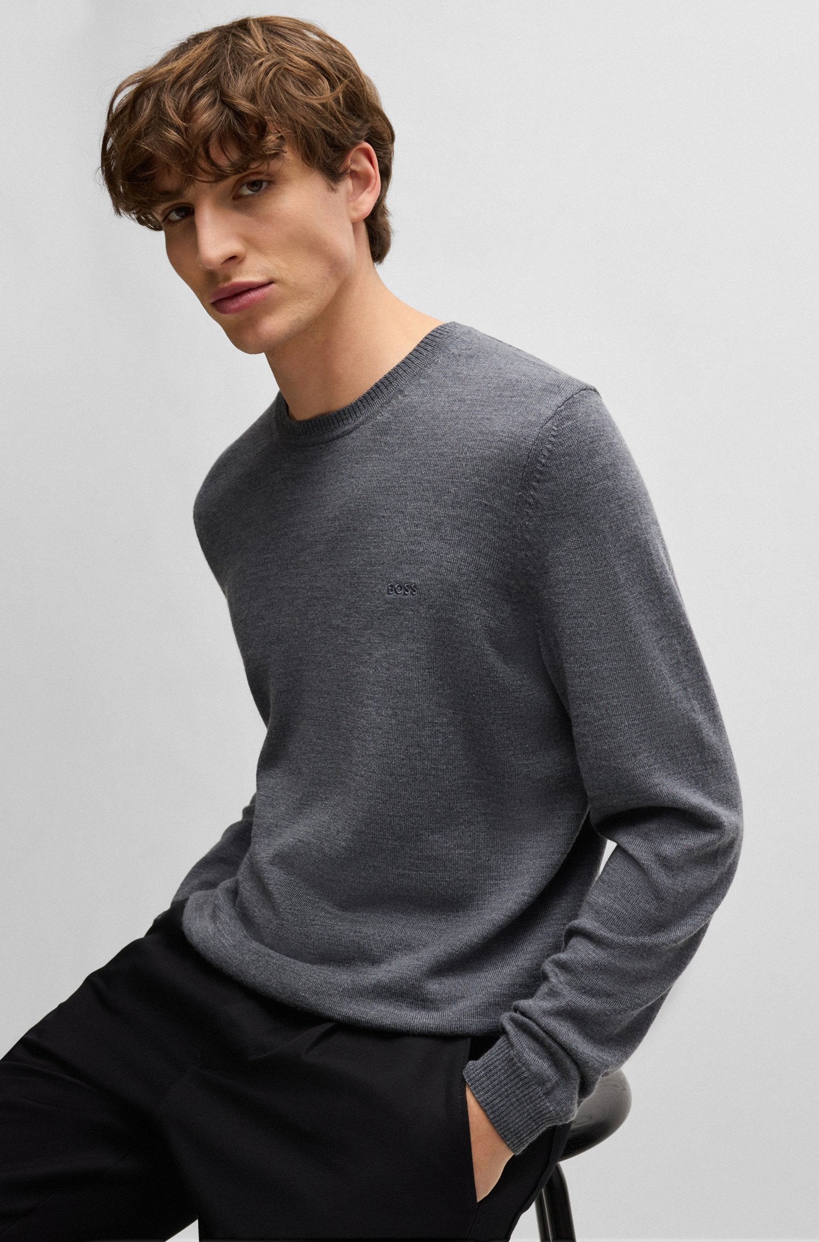 MENS' BOSS Regular-fit sweater in extra-fine merino  /Grey