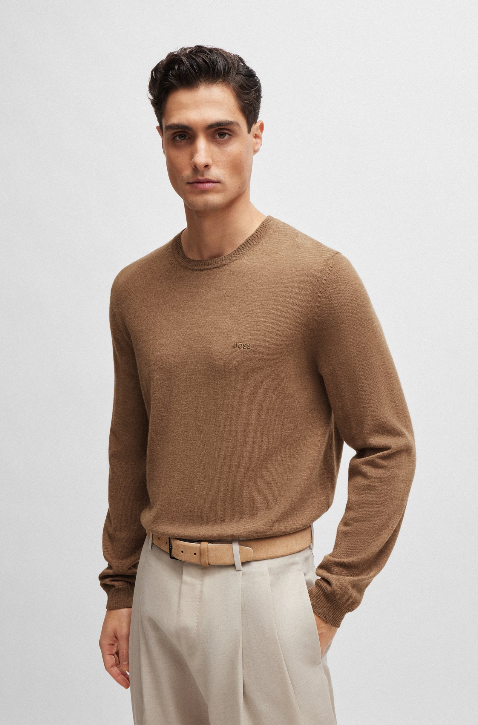 MENS' BOSS Regular-fit sweater in extra-fine merino / Beige