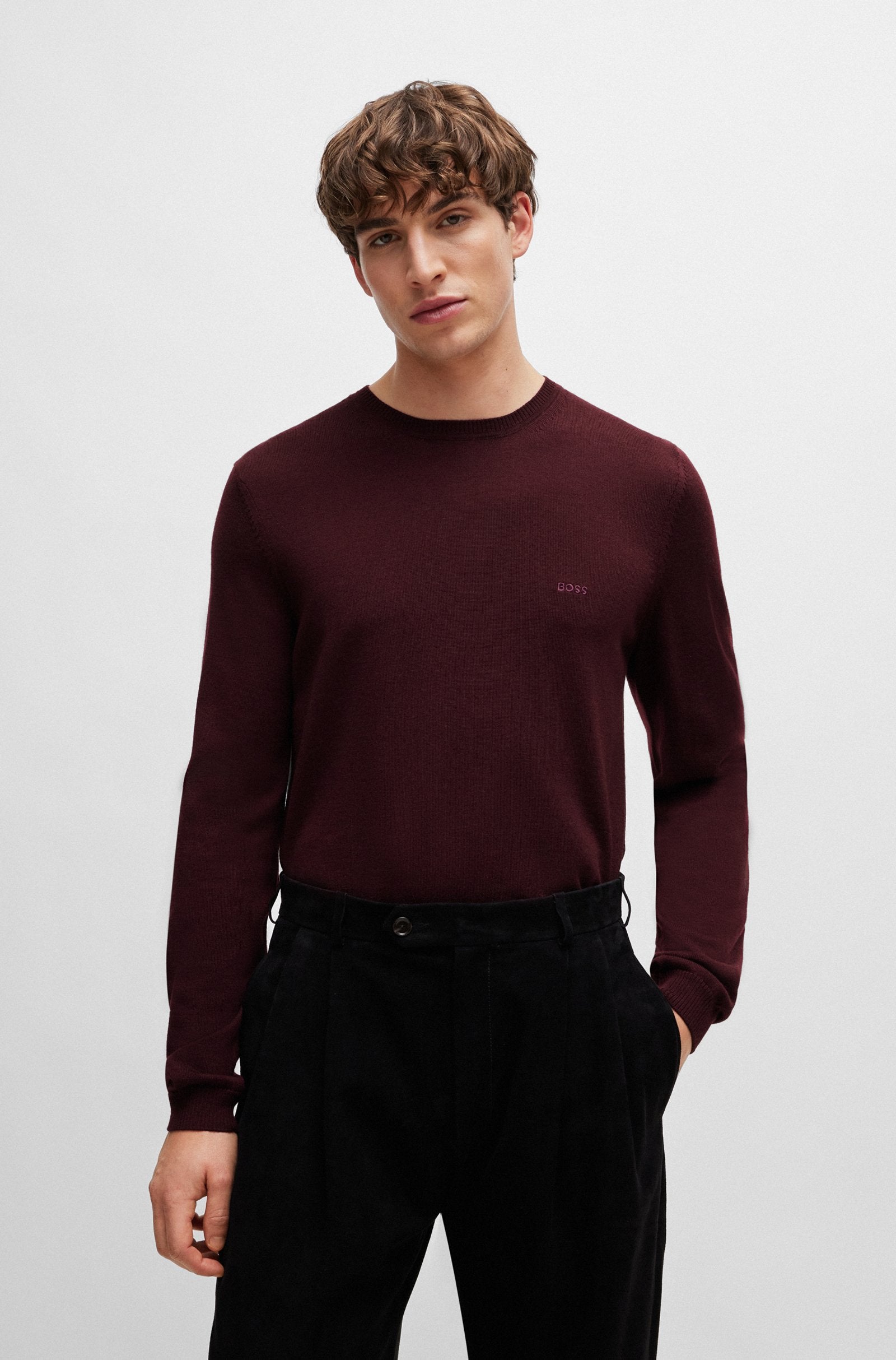 MENS' BOSS Regular-fit sweater in extra-fine merino  /Dark Red