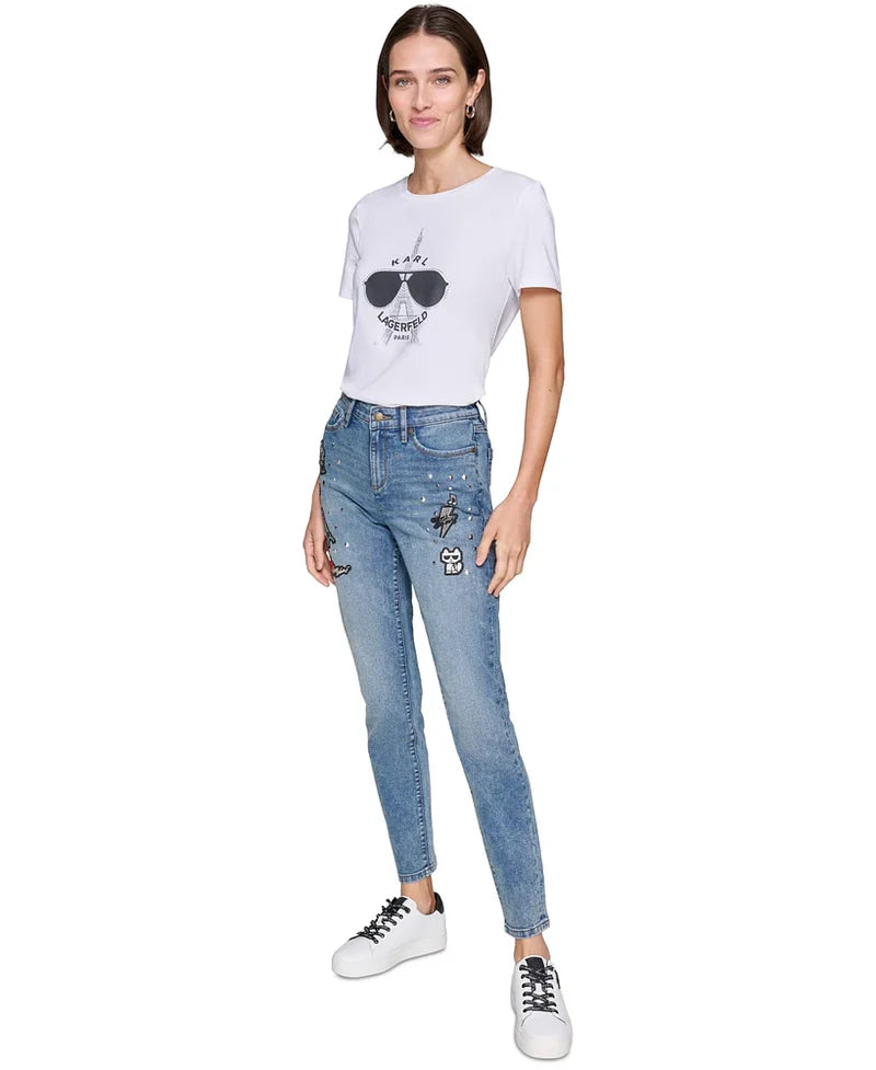 Macy's Karl Lagerfeld Paris Women's Super Stretch Embellished Straight-Leg Patch Jeans
