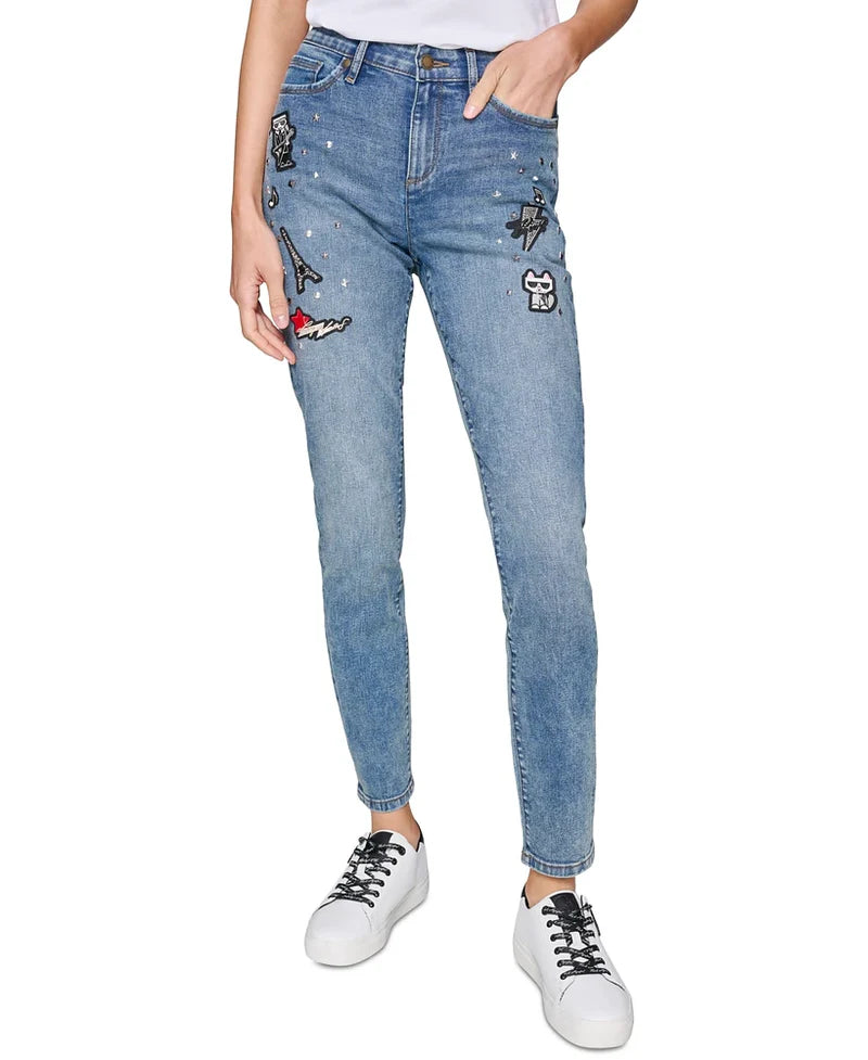 Macy's Karl Lagerfeld Paris Women's Super Stretch Embellished Straight-Leg Patch Jeans