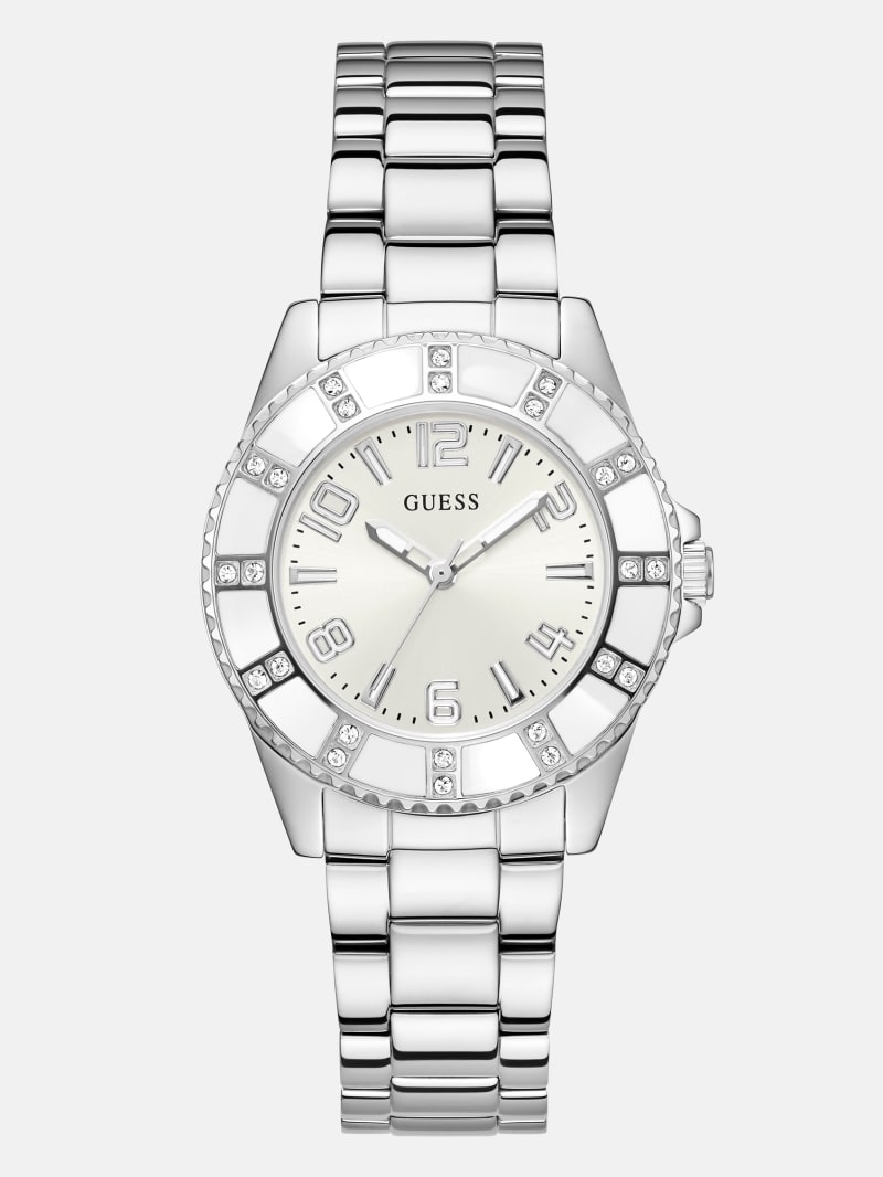 Women's Guess Silver-Tone and White Analog Watch